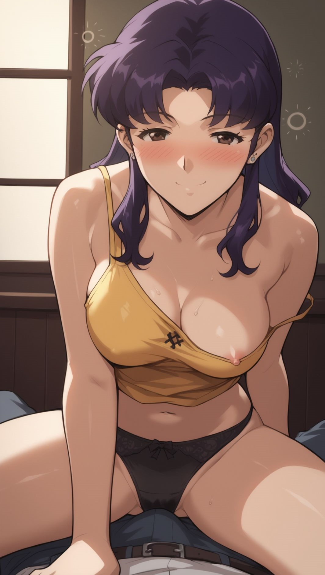 ai_generated bewaretheaimachinegod black_panties misato_katsuragi neon_genesis_evangelion panties purple_hair smiling stable_diffusion yellow_topwear