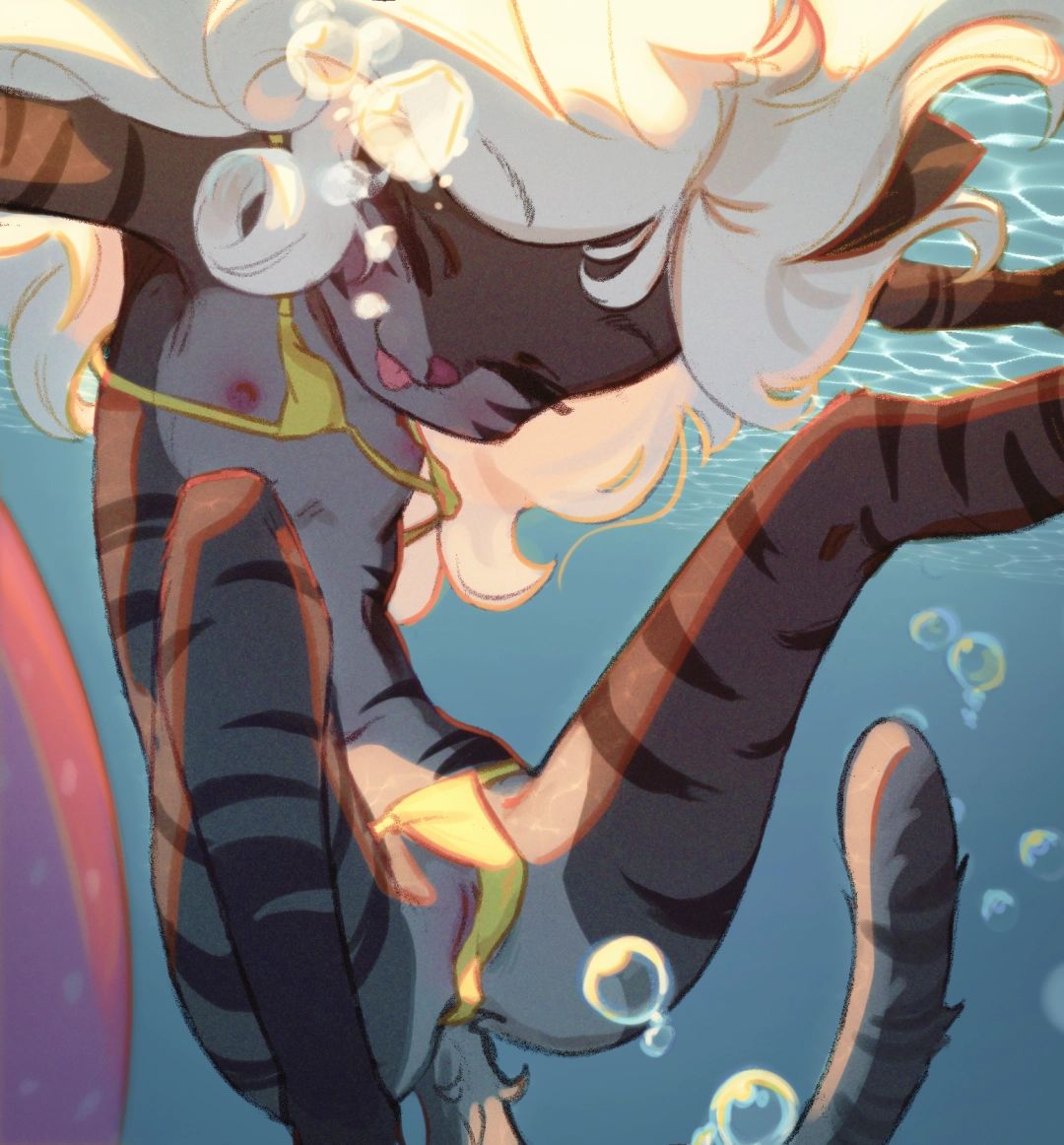 1girls, amalia (claralaine), anthro, black body, black fur, breasts, butterchalk, feline, female, flashing, flashing breasts, flashing pussy, flat chest, flat chested, fur, furry, furry only, highres, pussy, sea, small breasts, swimming, swimsuit, tagme, underwater, white hair, young, young anthro, young female, younger female