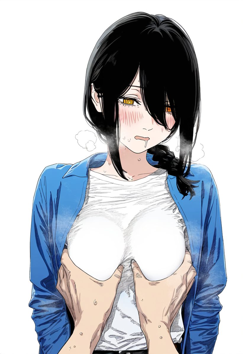 aged up, ai generated, black hair, blush, blush lines, breast grab, breast squeeze, breast squish, breasts, chainsaw man, choku to-san no kyonyū, denji (chainsaw man), devil, embarrassed, embarrassed female, female, long hair, looking at viewer, medium breasts, nayuta (chainsaw man), sketch, teenager
