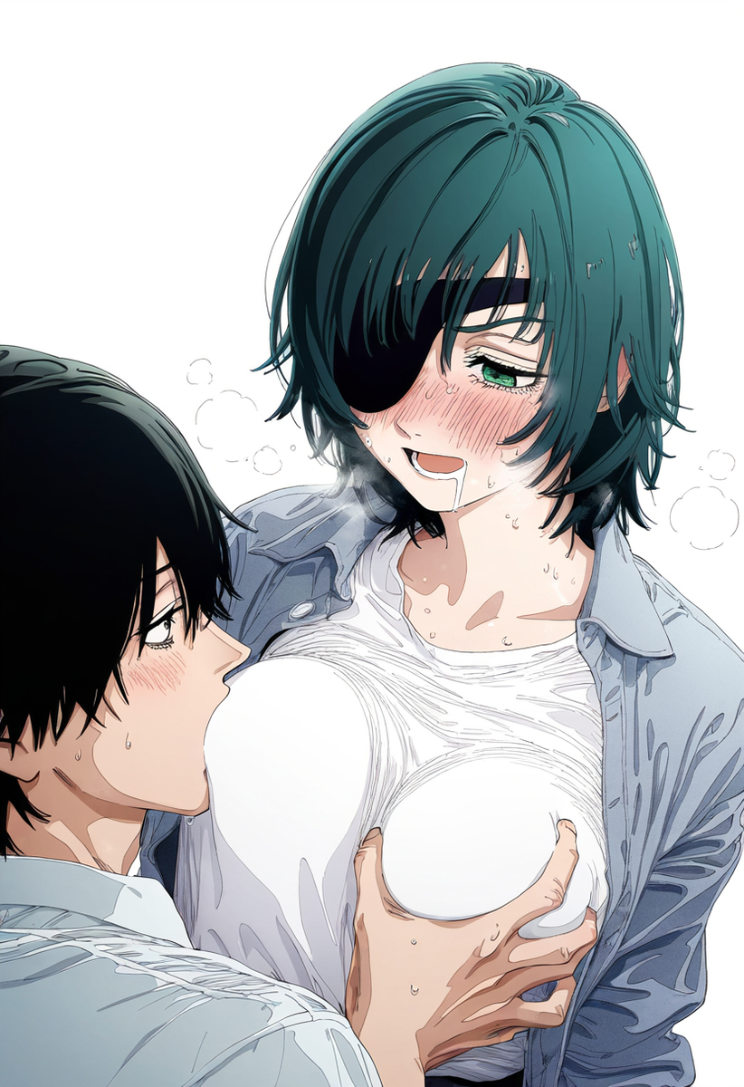 1boy, 1girls, ai generated, artist request, bandage, big breasts, black hair, blindfold, breast grab, breast squeeze, breast squish, breast sucking, breasts, chainsaw man, choku to-san no kyonyū, embarrassed, embarrassed female, female, green eyes, himeno (chainsaw man), looking at another, looking at partner, male, mature female, older female, one eye covered, open jacket, open mouth, short hair