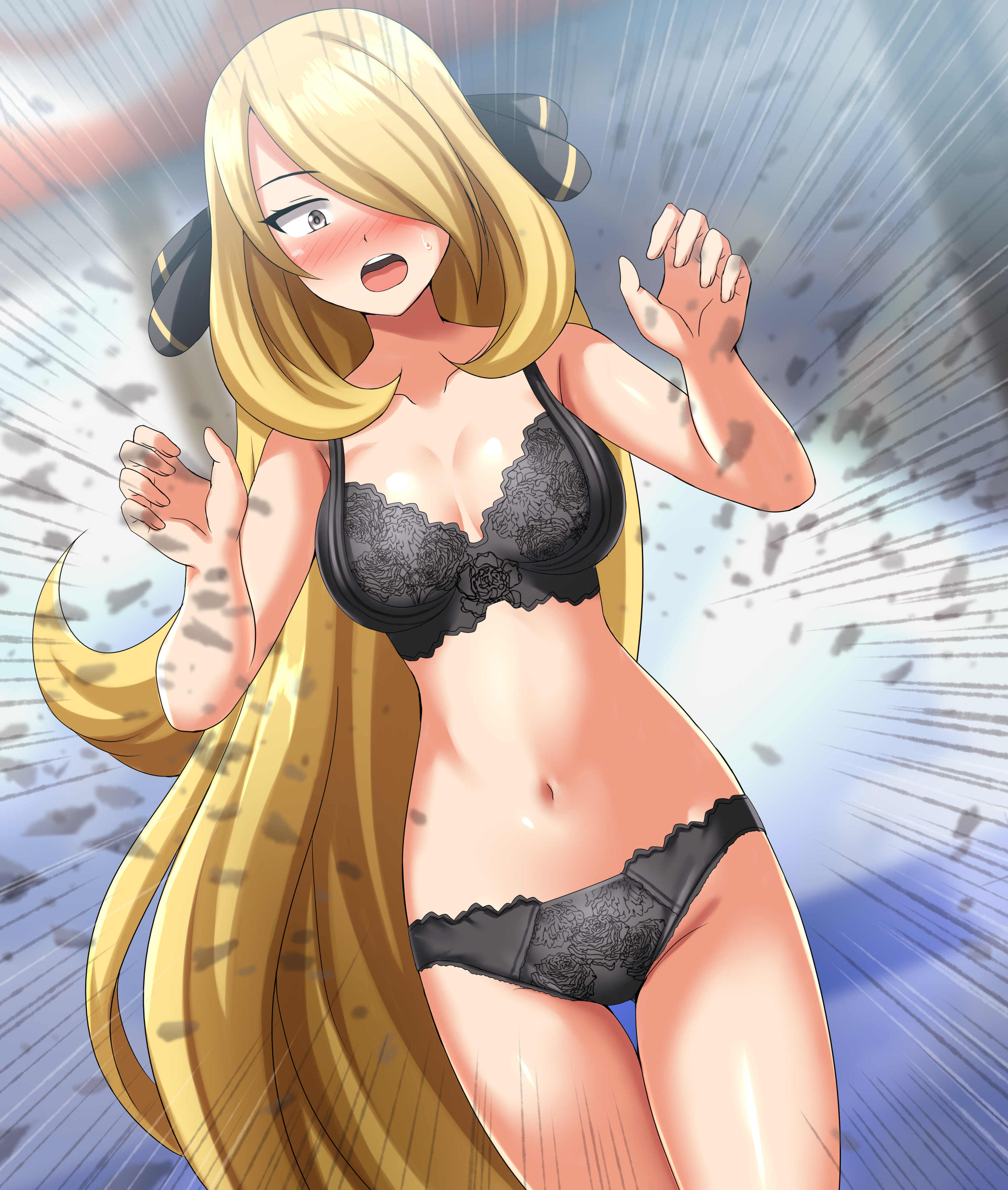 1girls, absurdres, alternate version at source, alternate version available, assisted exposure, big breasts, black bra, black panties, blonde hair, blush, bra, breasts, brown eyes, cleavage, commentary, cowboy shot, cynthia (pokemon), embarrassed, female, female only, game freak, hair ornament, hair over one eye, highres, lingerie, nanashi79410097, navel, nintendo, open mouth, panties, pokemon, pokemon dppt, request, solo, standing, thigh gap, underwear, very long hair