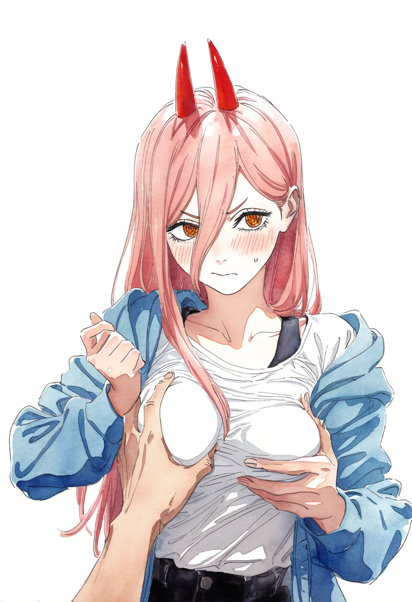 ai generated, blonde hair, blush, breast grab, breast squeeze, breasts, chainsaw man, choku to-san no kyonyū, embarrassed, embarrassed female, female, horns, long hair, looking away, medium hair, open jacket, orange eyes, power (chainsaw man), red horns, teenager
