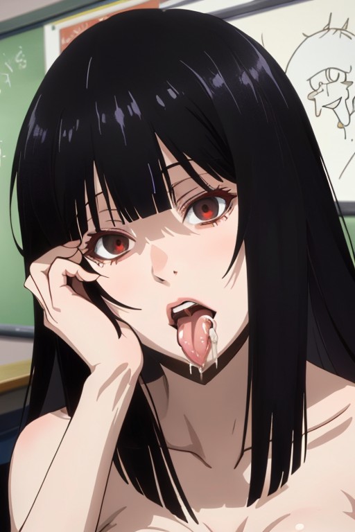 1girls after_sex ai_generated bangs black_hair brown_eyes classroom collarbone cum cum_on_body cum_on_breasts cum_on_face cum_on_upper_body detailed_background doctork female female_focus female_only hair jabami_yumeko kakegurui long_hair looking_at_viewer playing_with_hair pov pov_eye_contact saliva tongue tongue_out upper_body upper_body_focus