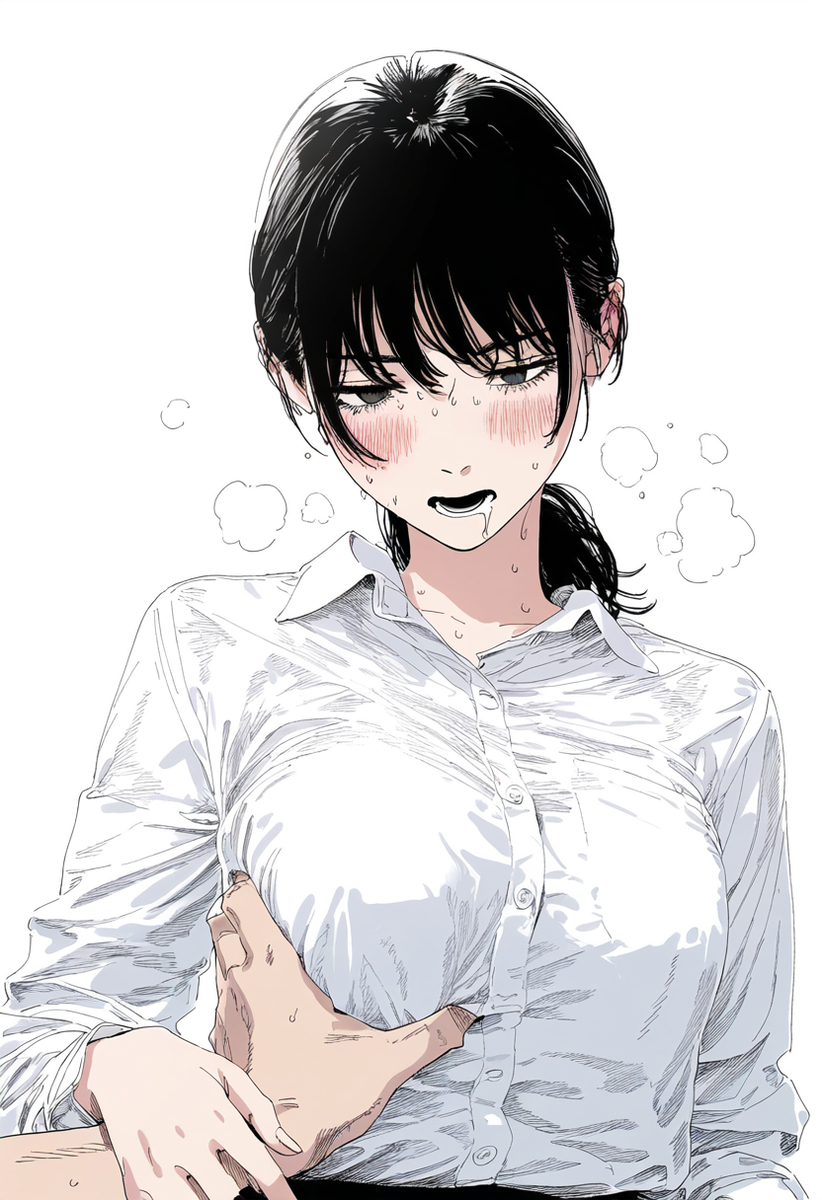 ai generated, big breasts, black hair, blush, blush lines, breast grab, breast squeeze, breast squish, breasts, chainsaw man, choku to-san no kyonyū, devil, embarrassed, embarrassed female, female, long hair, looking at viewer, mitaka asa, open mouth, sweating, teenager