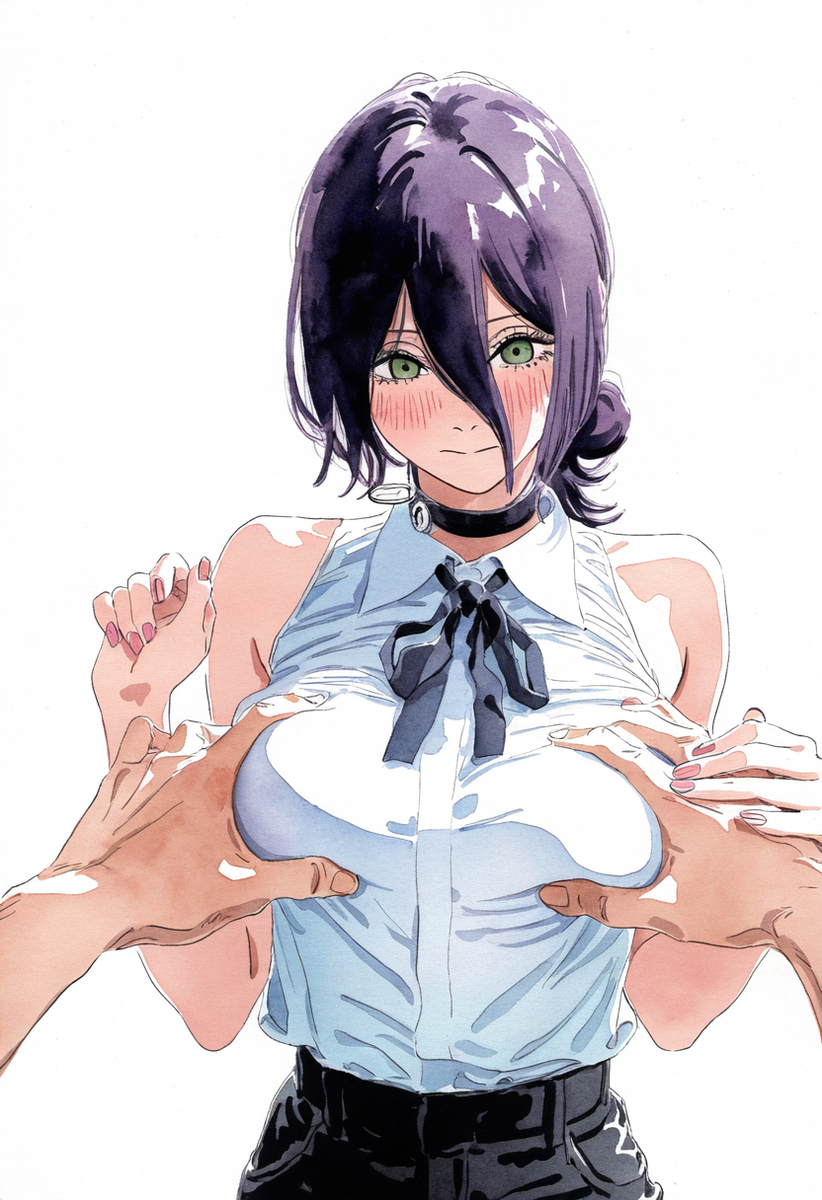 ai generated, big breasts, black hair, blush, blush lines, breast grab, breast squeeze, breast squish, breasts, chainsaw man, choker, choku to-san no kyonyū, devil, embarrassed, embarrassed female, female, long hair, looking at viewer, medium breasts, purple hair, reze (chainsaw man), sleeveless shirt, teenager, tied hair