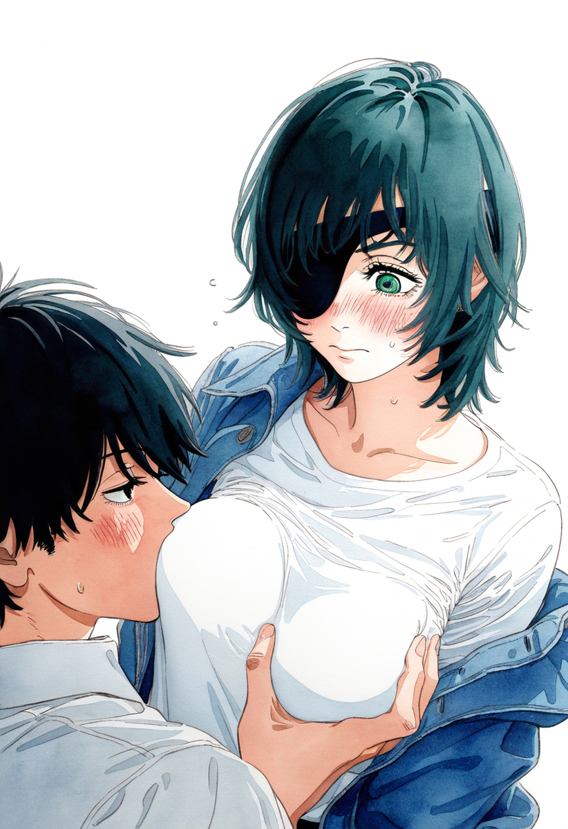 1boy, 1girls, ai generated, artist request, bandage, big breasts, black hair, blindfold, breast grab, breast squeeze, breast squish, breast sucking, breasts, chainsaw man, choku to-san no kyonyū, embarrassed, embarrassed female, female, green eyes, himeno (chainsaw man), looking at another, looking at partner, male, mature female, older female, one eye covered, open jacket, short hair
