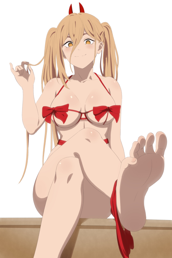 1girls, big breasts, blonde hair, bra, braids, breasts, chainsaw man, cute face, feet, female, gift, legs together, power (chainsaw man), presenting feet, sitting, smiling, teasing