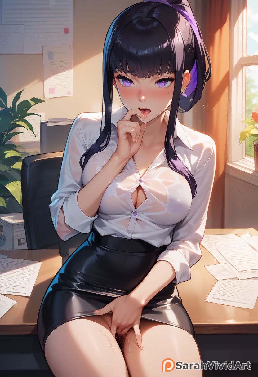 1girls ai_generated bangs black_hair black_skirt blush button_down_shirt button_gap cleavage enen_no_shouboutai female fingering fingering_self fire_force high_quality masturbation miniskirt nipple_bulge office office_lady on_desk oze_maki pencil_skirt purple_eyes pussy_juice pussy_juice_drip sarahvividart seductive sitting_on_desk skirt tongue tongue_out touching_self wet_shirt white_shirt