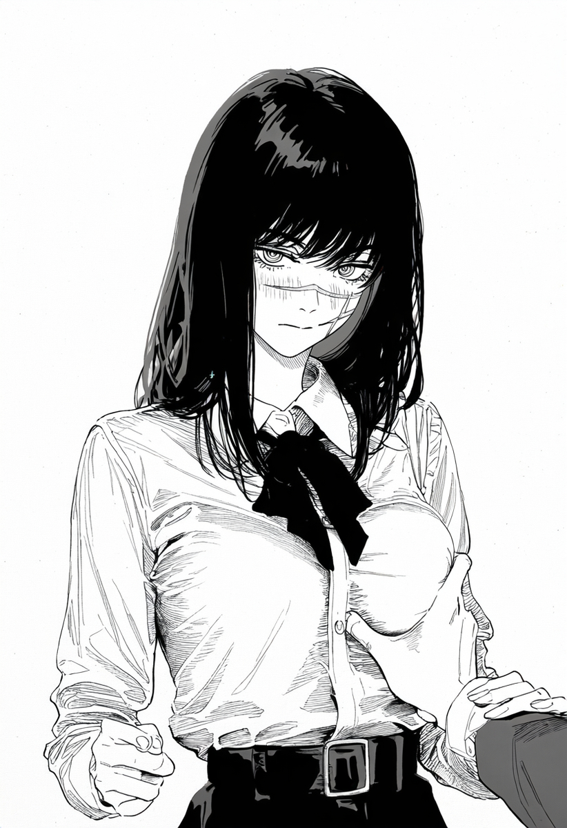 ai_generated big_breasts black_and_white black_hair blush blush_lines breast_grab breast_squeeze breast_squish chainsaw_man choku_to-san_no_kyonyū devil long_hair looking_at_viewer mitaka_asa scar scars_on_face school_uniform schoolgirl schoolgirl_uniform skirt slim_waist teenager yoru_(chainsaw_man)