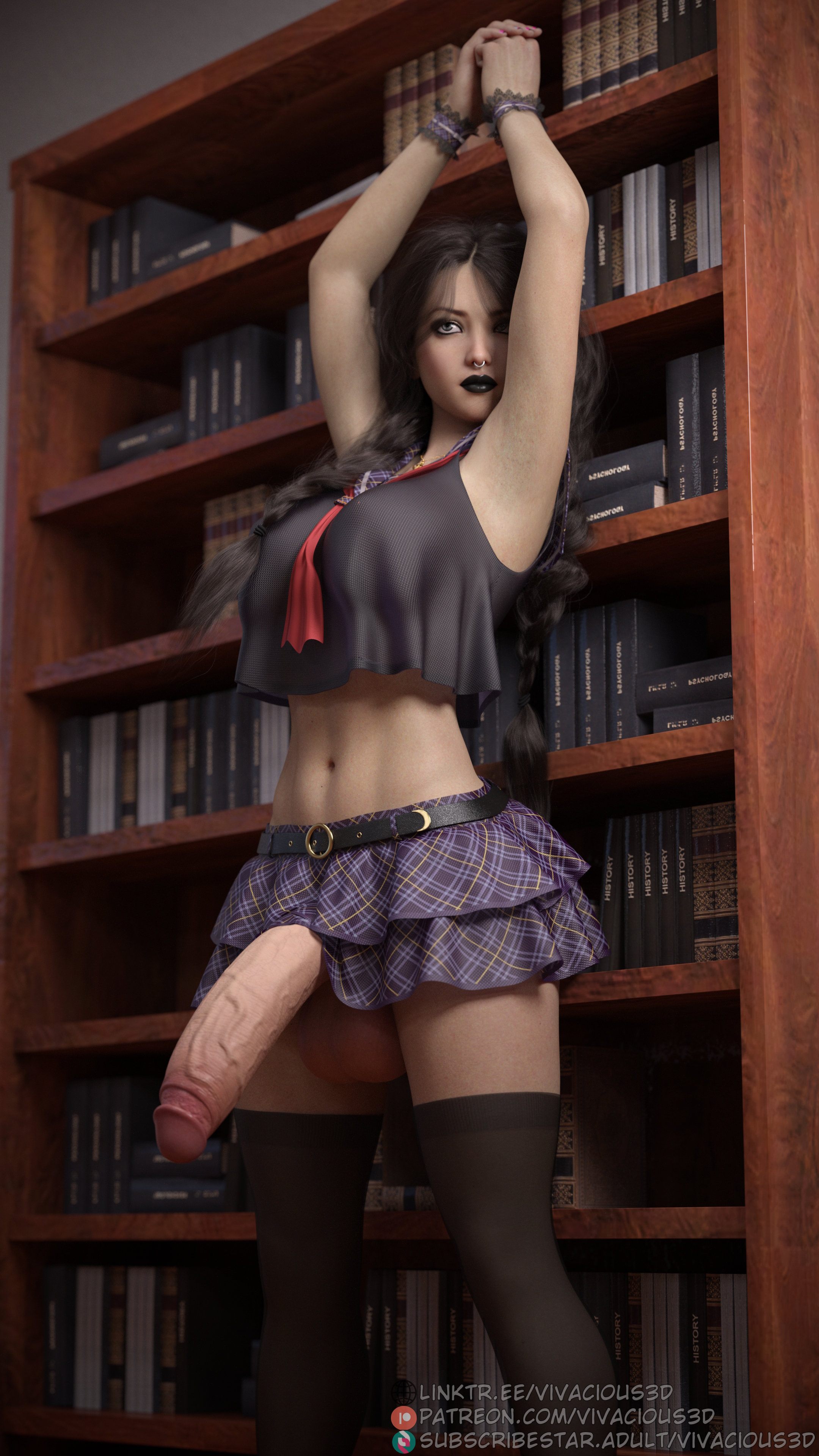 1futa, 3d, 3dx, arms up, big penis, black hair, black lipstick, black-haired futa, casual exposure, casual nudity, cock, dickgirl, full-package futa, futa only, futanari, goth, goth futa, half-erect, huge cock, human, human only, intersex, large penis, library, light skin, light-skinned futa, lipstick, nail polish, no panties, nose piercing, nose ring, original character, penis, penis out, piercing, presenting, presenting penis, public, school uniform, shirt, short skirt, skirt, standing, stockings, testicles, veiny penis, vivacious3d, wardrobe malfunction