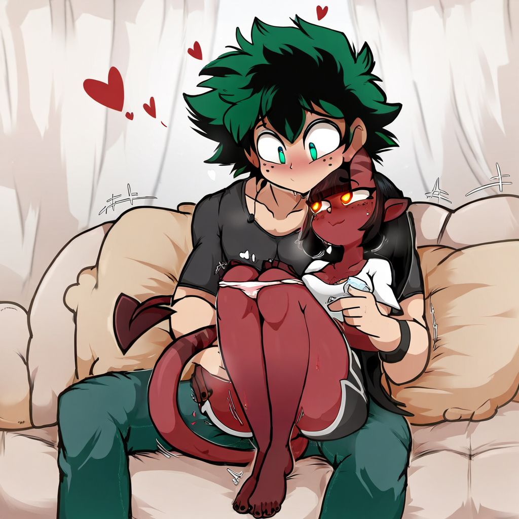 affectionate ai_generated boku_no_hero_academia couple couple_(romantic) dreson imminent_sex izuku_midoriya love lovers medium_breasts meru_(merunyaa) my_hero_academia no_sex smiling_at_partner succubus teasing