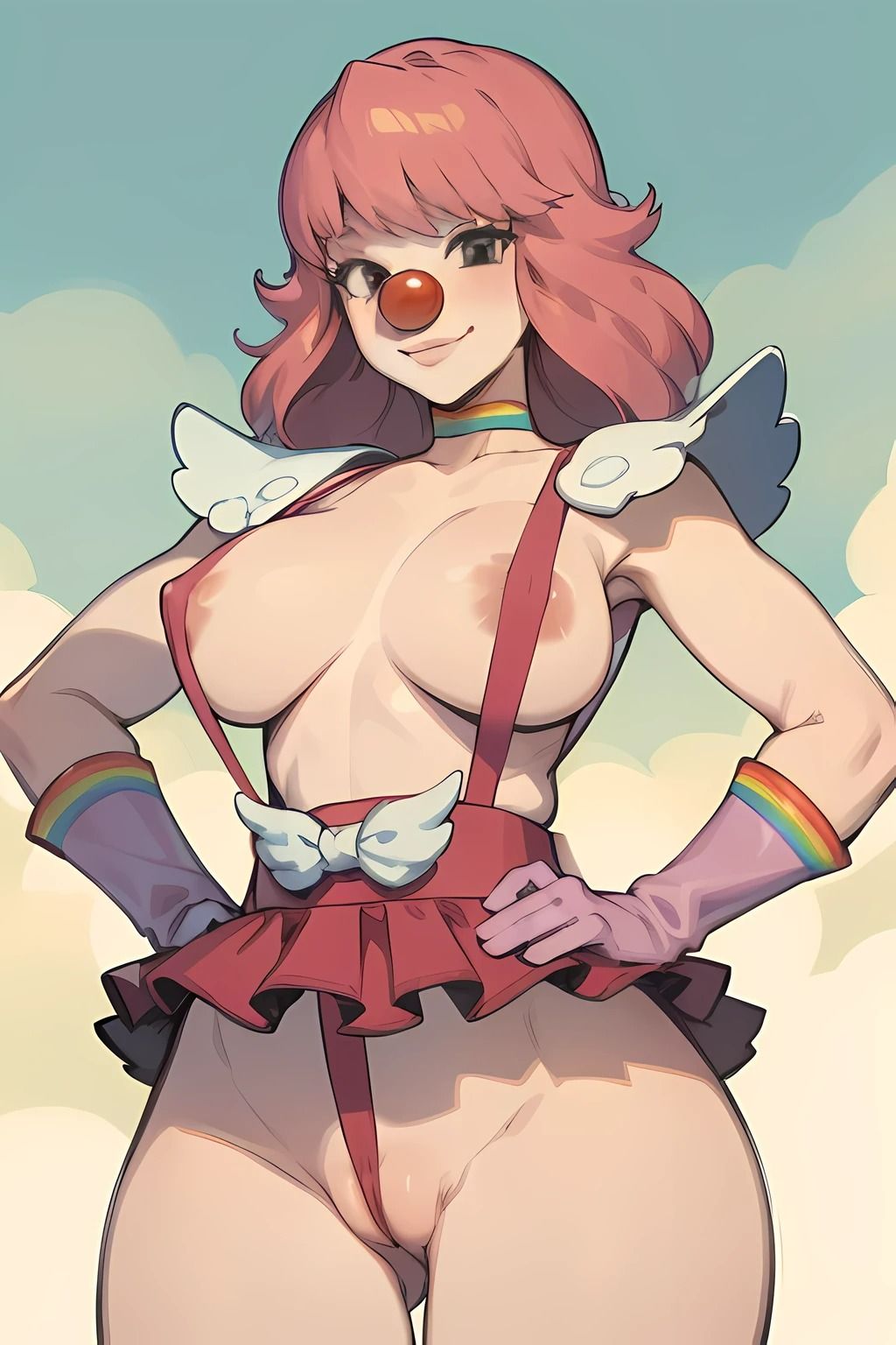 1girls ai_generated big_breasts blush breasts cameltoe clothing clown clown_girl female geiru_toneido gyakuten_saiban human pussy_wedgie skimpy sling_bikini smile solo solo_female suspenders tagme userisbad wide_hips