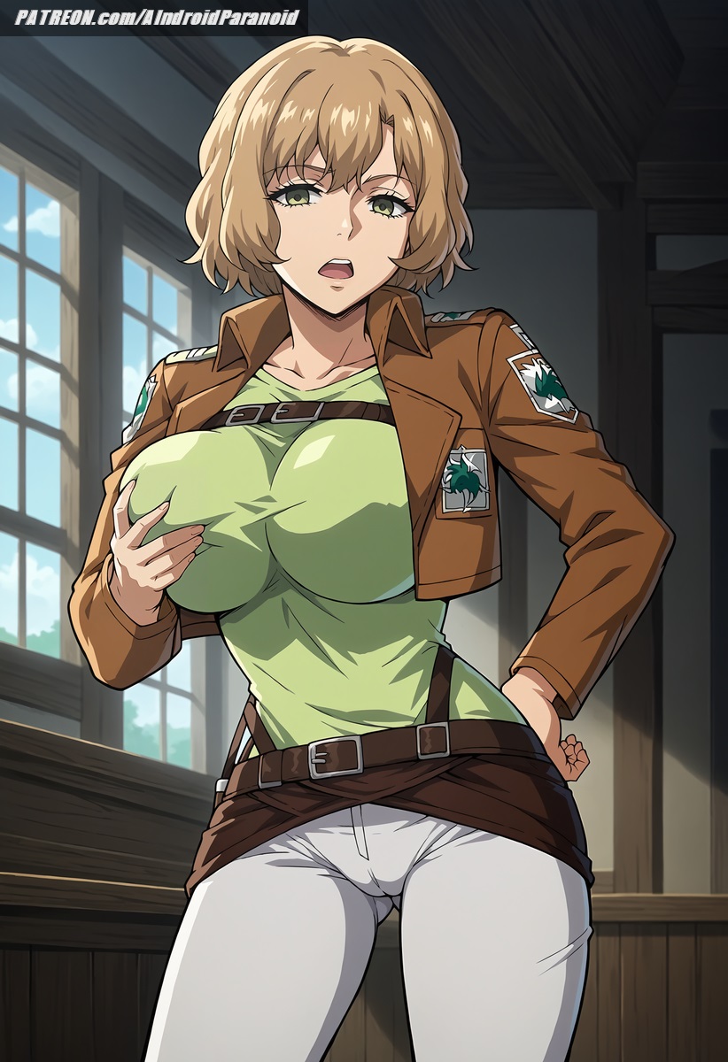 ai_generated aindroidparanoid attack_on_titan bedroom belts big_breasts blonde_hair breasts busty cameltoe cute female grabbing_own_breast green_eyes hips hitch_dreyse huge_breasts indoors jacket large_breasts legs narrow_waist pants shingeki_no_kyojin short_hair slim_waist soldier squeezing_breast stable_diffusion taller_girl tight_clothing touching_breast wavy_hair