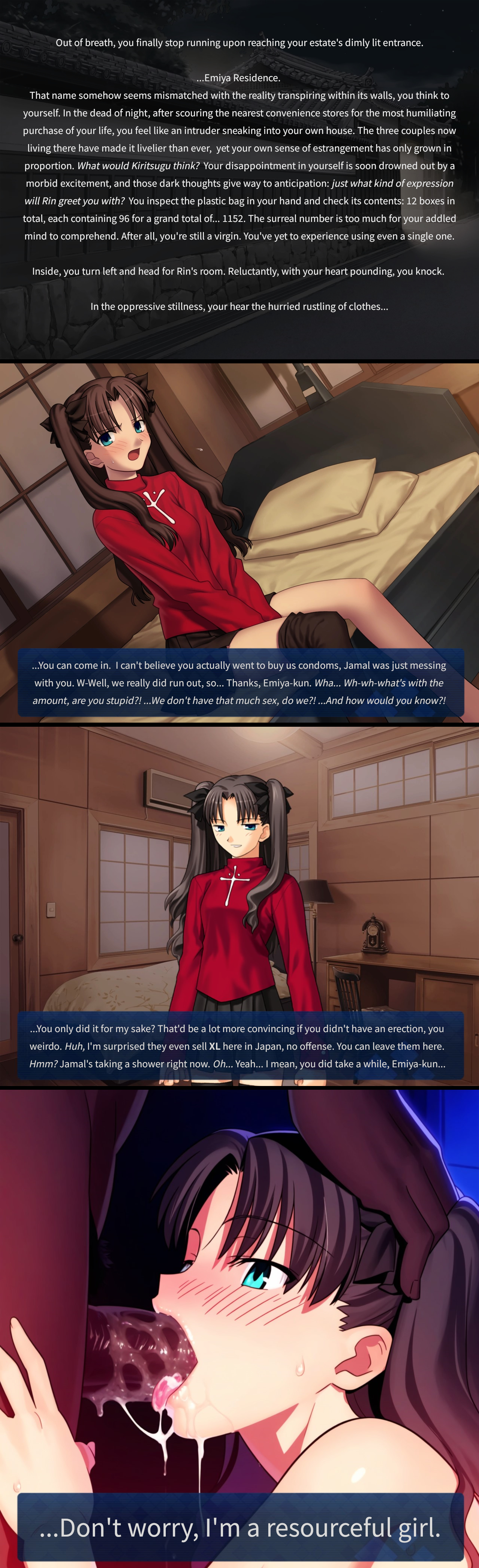 1girls, black hair, blowjob, blue eyes, dark hair, dark skin, dark-skinned male, fate (series), fate/stay night, fellatio, female, hetero, interracial, male, netorare, oral, oral penetration, oral sex, straight, tohsaka rin, tsundere, twintails, visual novel