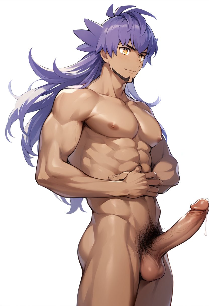 1boy abs ai_generated ai_golden_map amber_eyes anime_nose ass balls ballsack cum cum_drip dark-skinned_male erect_penis erection facial_hair foreskin foreskin_folds goatee hard_on human intact legs leon_(pokemon) long_hair_male male male_nipples male_only male_pubic_hair muscles muscular_male naked naked_male novelai nude_male pecs penis pokemon pokemon_ss pubes purple_hair retracted_foreskin scrotum smooth_skinned_male solo testicles uncut veiny_penis yellow_eyes