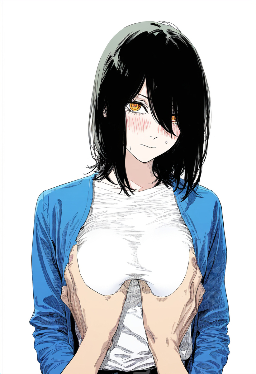 aged up, ai generated, black hair, blush, blush lines, breast grab, breast squeeze, breast squish, breasts, chainsaw man, choku to-san no kyonyū, denji (chainsaw man), devil, embarrassed, embarrassed female, female, long hair, looking at viewer, medium breasts, nayuta (chainsaw man), teenager