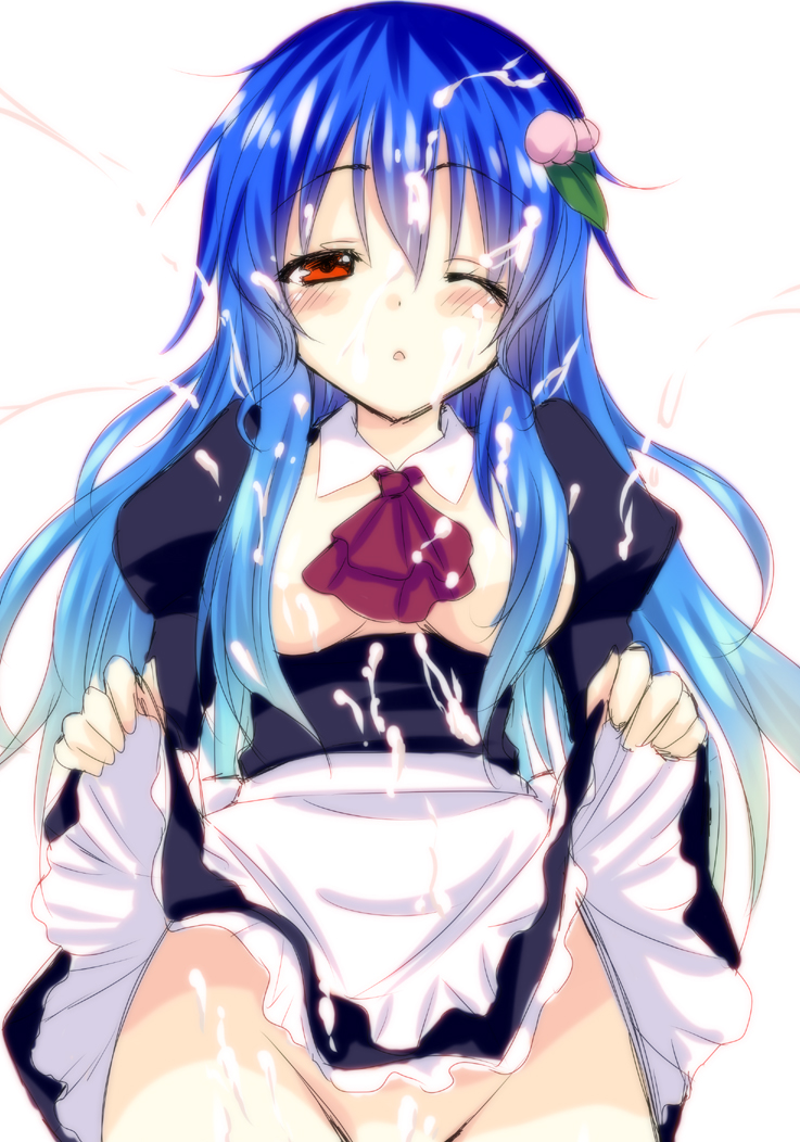 1girls alternate_costume alternate_hairstyle blue_hair blush breasts breasts_out bukkake censor_hair cum cum_on_body cum_on_lower_body cum_on_upper_body dress dress_lift enmaided facial female food fruit hair_ornament long_hair maid mound_of_venus no_bra no_panties peach_(fruit) red_eyes saki_chisuzu simple_background solo tenshi_hinanawi touhou white_background wink