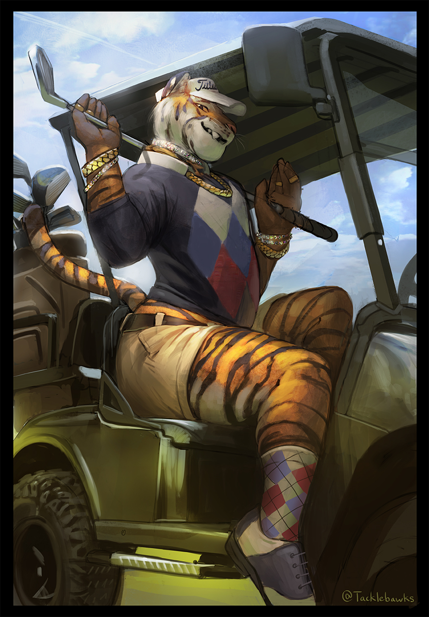 2016 5_fingers anthro anthro_only belt big_ass chains diamonds feline furry gay gold_jewelry golf golf_cart golf_club golf_outfit hi_res high_resolution jewelry looking_at_viewer male male_focus male_only necklace posing rings shorts silver_jewelry smiling smirking smirking_at_viewer socks solo solo_focus striped_fur striped_tail stripes sweater tacklebox tail tartan thick_ass thick_thighs thighs tiger tiger_stripes titleist visor