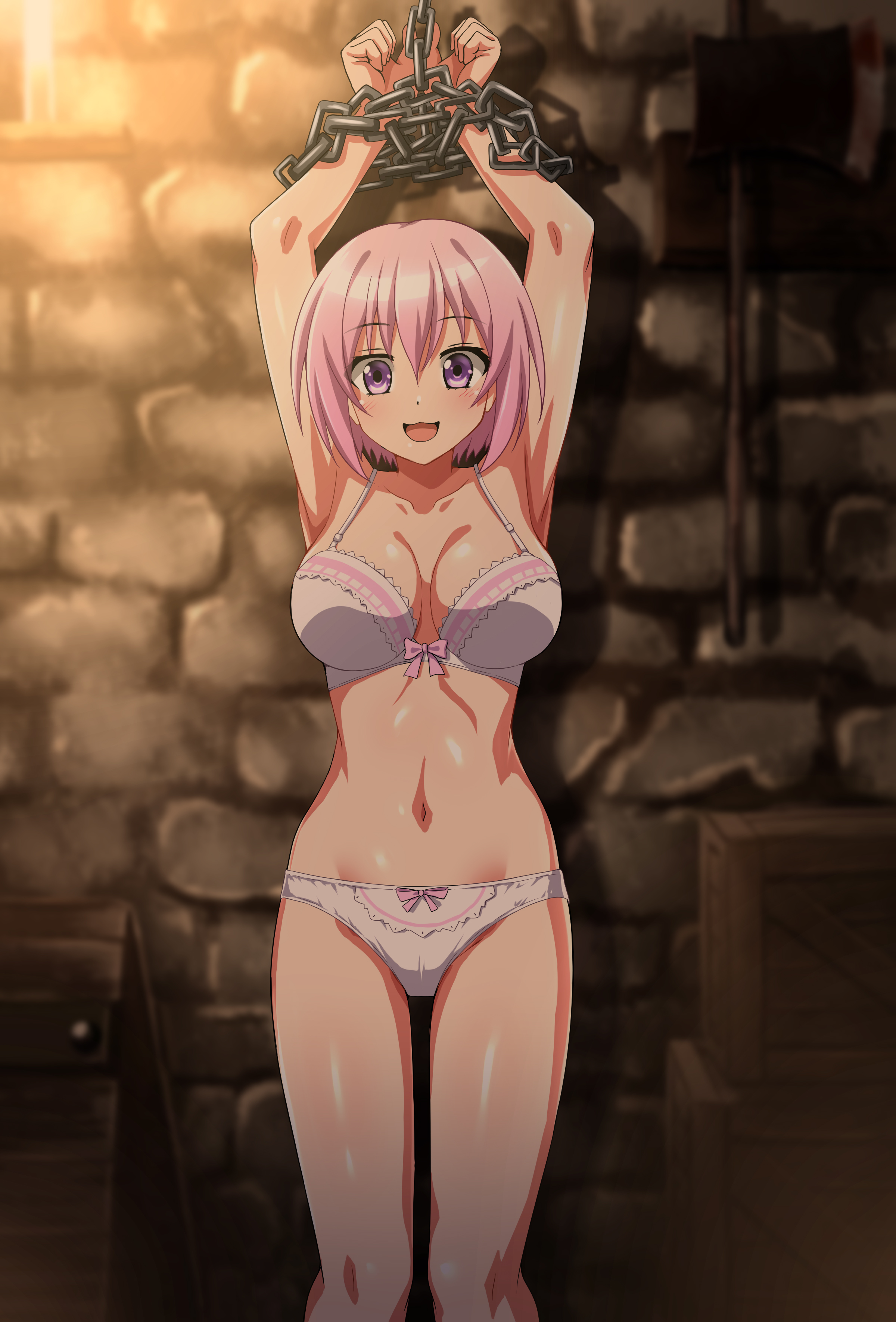:d, 1girls, absurdres, alternate version at source, alternate version available, armpits, arms up, axe, big breasts, blush, bondage, bound, bound wrists, bow, bow panties, bra, breasts, brick wall, captured, chains, choujin koukousei-tachi wa isekai demo yoyuu de ikinuku you desu!, cleavage, commentary, dungeon, female, high school prodigies have it easy even in another world!, highres, lace-trimmed bra, lace-trimmed panties, lingerie, lingerie only, looking at viewer, nanashi79410097, navel, open mouth, panties, pink hair, prisoner, purple eyes, request, shinobu sarutobi, shiny skin, short hair, smile, solo, standing, thigh gap, weapon, white bra, white panties