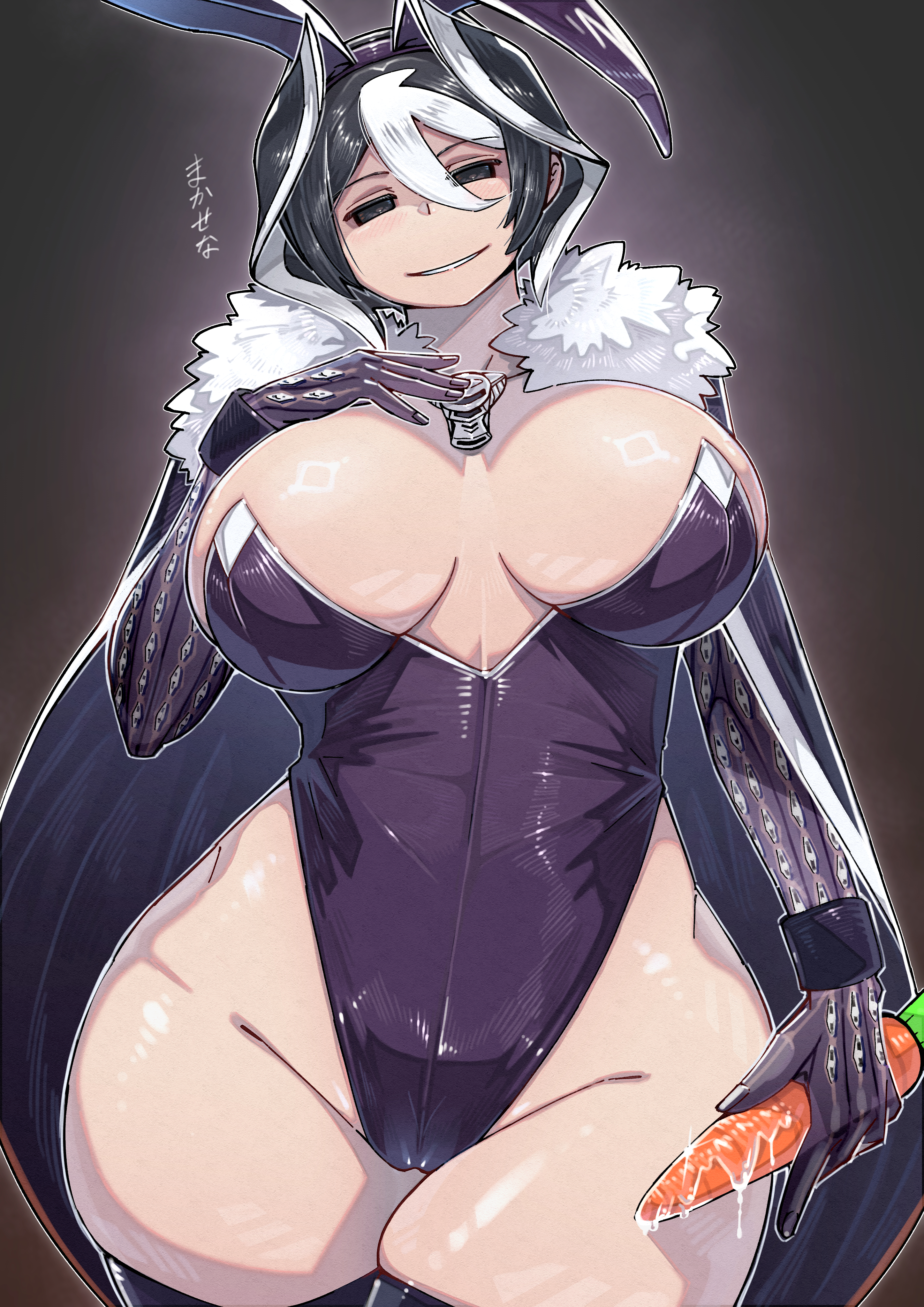 big breasts, black and white hair, black eyes, black hair, blush, body markings, breasts, bunny ears, bunny girl, bunnysuit, cape, carrot, female, female only, fur collar, fur trim, hair between eyes, hi res, highleg, highleg leotard, kingofbandit156, light skin, light-skinned female, looking at viewer, made in abyss, mature, mature female, ozen, pale skin, pale-skinned female, playboy bunny, scars, shiny skin, short hair, smile, solo, thick thighs, thighhighs, two-tone hair, whistle, whistle around neck, wide hips