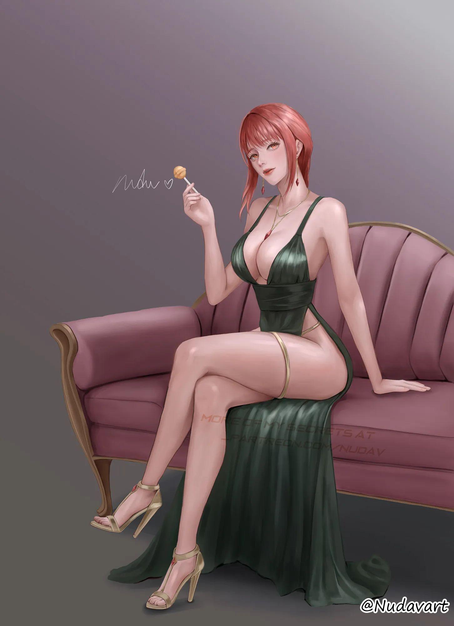 1girls, 2d, 2d (artwork), 2d artwork, adult, adult female, anime, anime character, arm support, background, bare armpits, bare arms, bare chest, bare hands, bare hips, bare legs, bare shoulders, bare skin, bare thighs, big boobs, big breasts, black clothes, black dress, black outfit, black topwear, breasts, busty, busty female, busty girl, calves, chainsaw man, cleavage, clothes, collarbone, crossed legs, crossed legs (sitting), curvaceous, curvaceous body, curvaceous female, curvaceous figure, curvaceous hips, curvy, curvy body, curvy female, curvy figure, curvy hips, digital, digital art, digital drawing, digital drawing (artwork), digital media, digital media (artwork), drawing, dress, earrings, elbows, exposed armpits, exposed arms, exposed chest, exposed hips, exposed legs, exposed shoulders, exposed skin, exposed thighs, fanart, feet, female, female focus, female only, fingers, footwear, full body, gold high heels, gold shoes, grey background, groin, head tilt, high heels, hourglass figure, inframammary fold, knees, large boobs, large breasts, lean figure, legs, legs crossed, lip gloss, lips, lipstick, lolipop, long hair, looking at viewer, makima (chainsaw man), manga character, mappa, mature, mature female, mature woman, monotone background, narrow waist, necklace, outfit, plain background, portrait, red hair, red lips, red lipstick, red-haired female, ring eyes, ringed eyes, shoes, shonen jump, shoulders, shueisha, sidelocks, sitting, slender body, slender waist, slim female, slim waist, solo, thick thighs, thighband, thighs, thighstrap, tilt, tilted head, toes, topwear, watson cross, weekly shonen jump, wide hips, woman, yellow eyes, yellow-eyed female