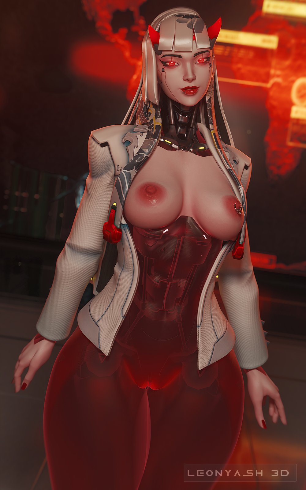 1girls, 2026, 3d, areolae, big breasts, breasts, clitoral hood, cowboy shot, detailed background, eyeliner, female, female only, front view, functionally nude, horns, indoors, jacket, jacket only, legs together, leonyash3d, lip piercing, lipstick, looking at viewer, nail polish, nipple piercing, nipple ring, nipples, nude, nude female, omnic, overwatch, overwatch 2, painted nails, piercing, piercings, pussy, red eyes, red lipstick, red nail polish, robot, robot girl, shion (overwatch), solo, thick thighs, vulva, winged eyeliner