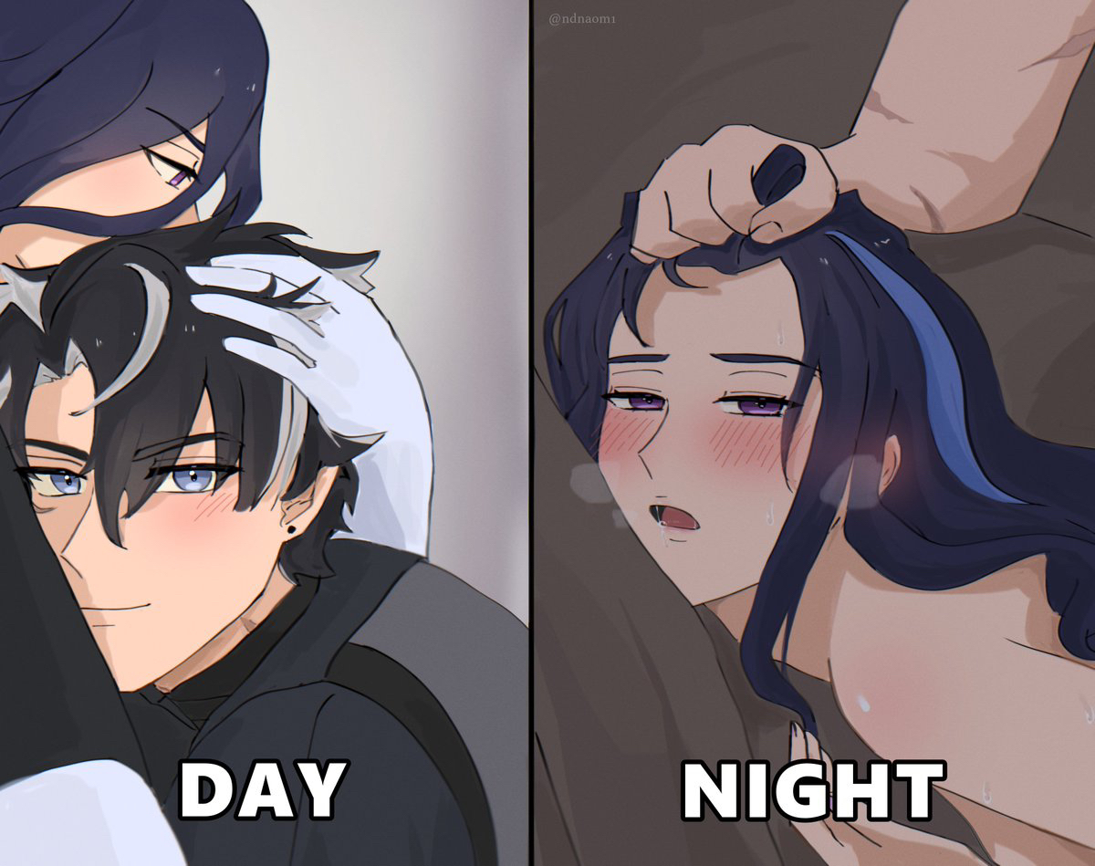 1boy, 1girls, blue hair, blush, clorinde (genshin impact), day vs night, dominant, domination, female, femsub, genshin impact, hair grab, hugging, implied sex, looking at viewer, male, male/female, maledom, meme, ndnaom1, open mouth, pleasure face, sometimes like this also like that, straight, visible breath, wriothesley (genshin impact)