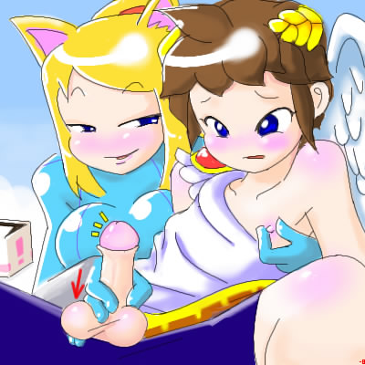 1boy, 1girls, blonde hair, blue gloves, blush, bodysuit, crossover, female, gloved handjob, gloves, hand on penis, handjob, handjob with gloves, holding penis, kid icarus, male, male/female, metroid, minus8, nintendo, nipple pinch, penis, pit (kid icarus), samus aran, super smash bros., super smash bros. brawl, touching penis, uncensored, zero suit, zero suit samus