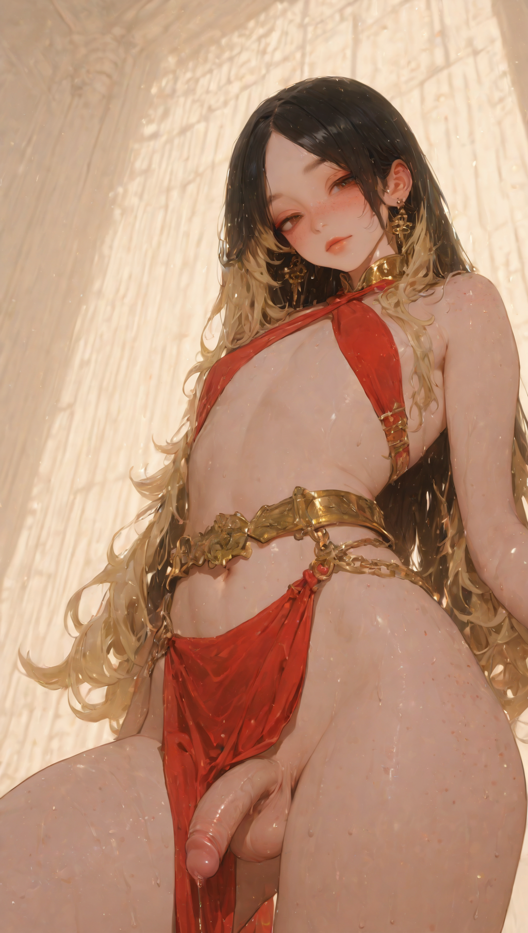1femboy, ai generated, black hair, blonde highlights, blush, femboy, feminine male, flat chest, freckles, gold jewelry, halterneck, hannai, looking at viewer, looking down at viewer, male, otoko no ko, pelvic curtain, penis, plump lips, precum, precum drip, solo, solo femboy, standing, testicles, thick thighs, trap, wide hips