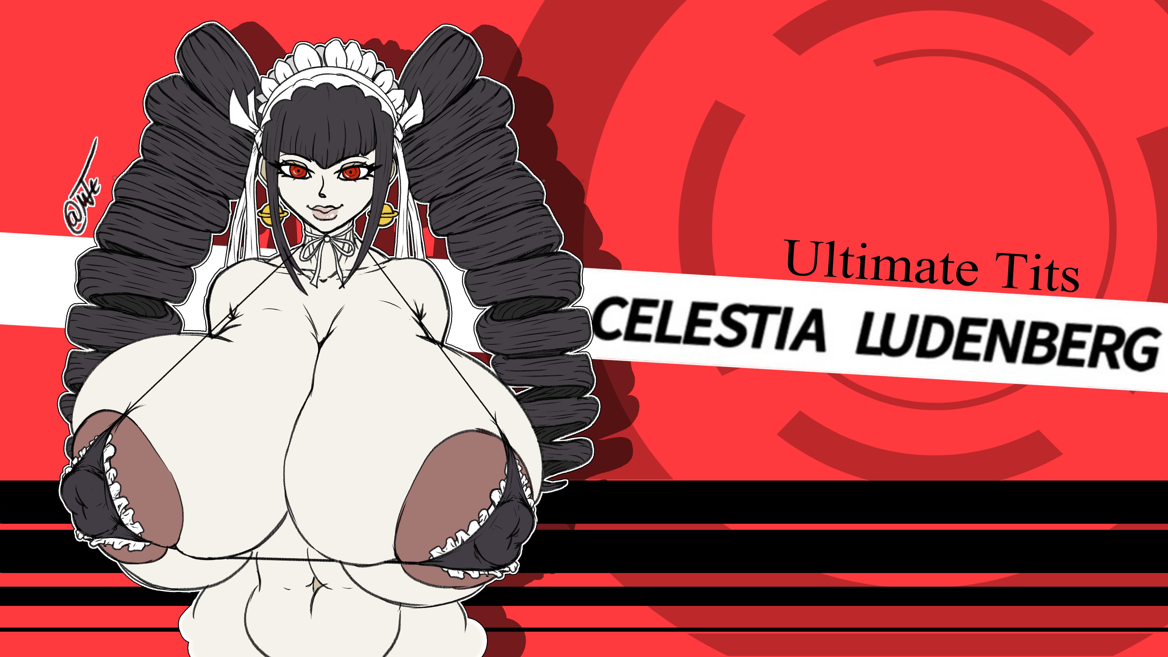 1girls, bikini, bikini top, black hair, celestia ludenberg, danganronpa, danganronpa: trigger happy havoc, dark areola, dark nipples, female only, goth, gothic, gothic girl, gothic lolita, huge breasts, hyper breasts, lipstick, lolita fashion, morethanthat, mostly nude, nipple bulge, red eyes, twintails