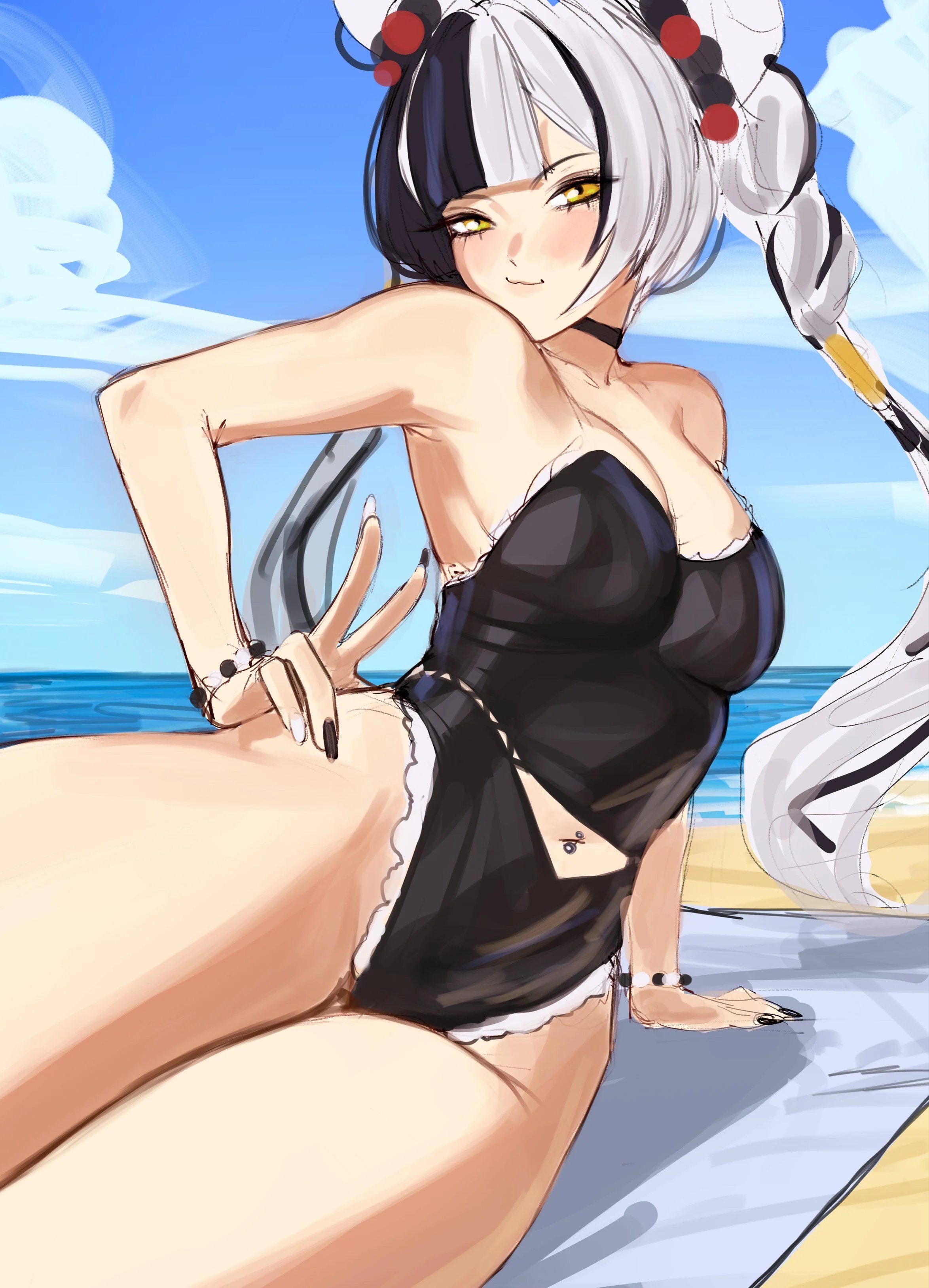 1girls, beach, dialyn (zenless zone zero), female, female only, long hair, one-piece swimsuit, solo, two-tone hair, zenless zone zero