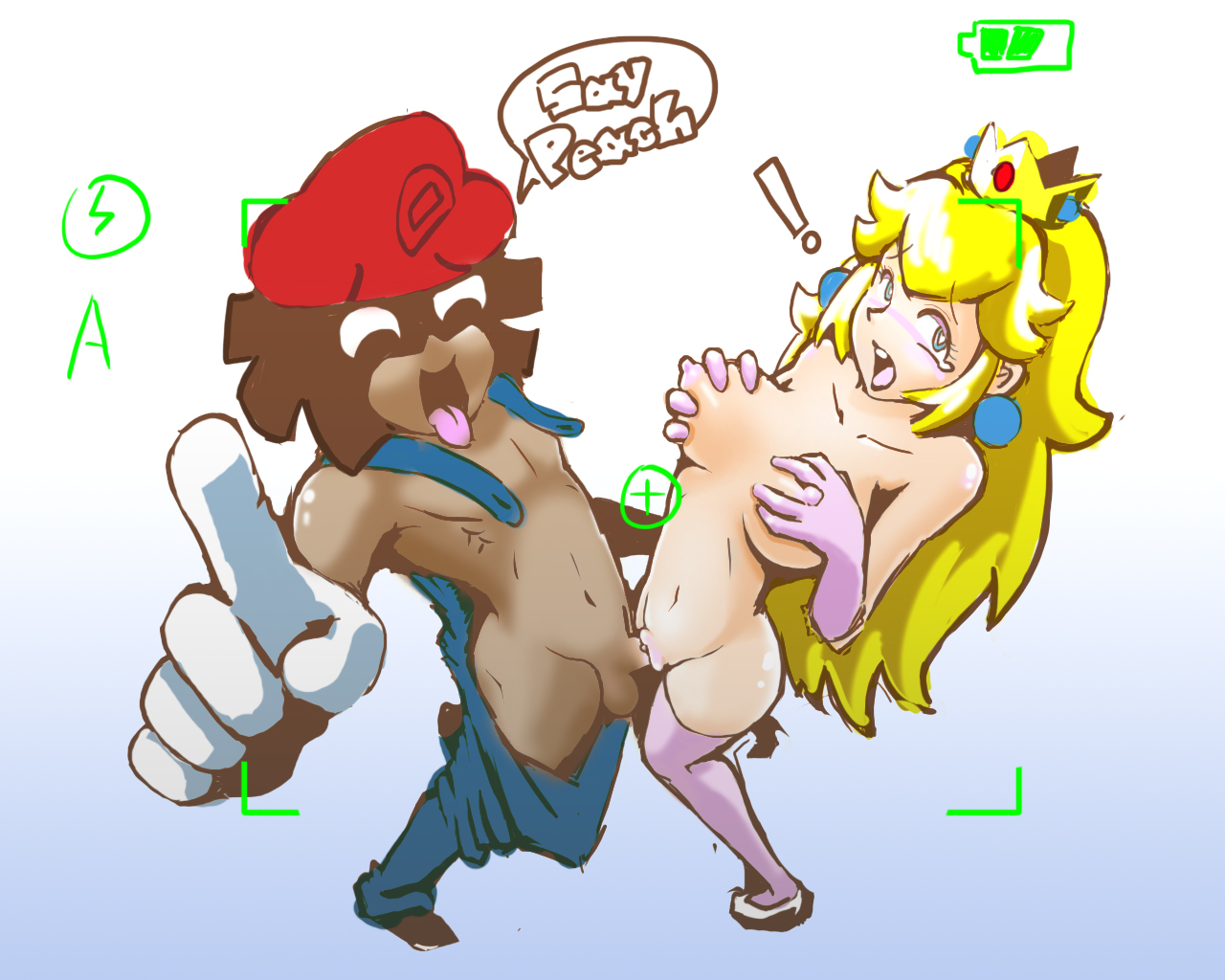 1boy, 1girls, artist self-insert, blonde hair, blush, breasts, camera, camera view, crown, dark skin, dark-skinned male, female, frontal standing penetration, grabbing own breast, human, interracial, looking at viewer, male, male/female, mario (cosplay), mario (series), minus8, minus8 (character), nintendo, princess peach, pussy, sex, standing missionary, standing sex, straight, straight hair, super mario bros., thighhighs, uncensored, vaginal penetration