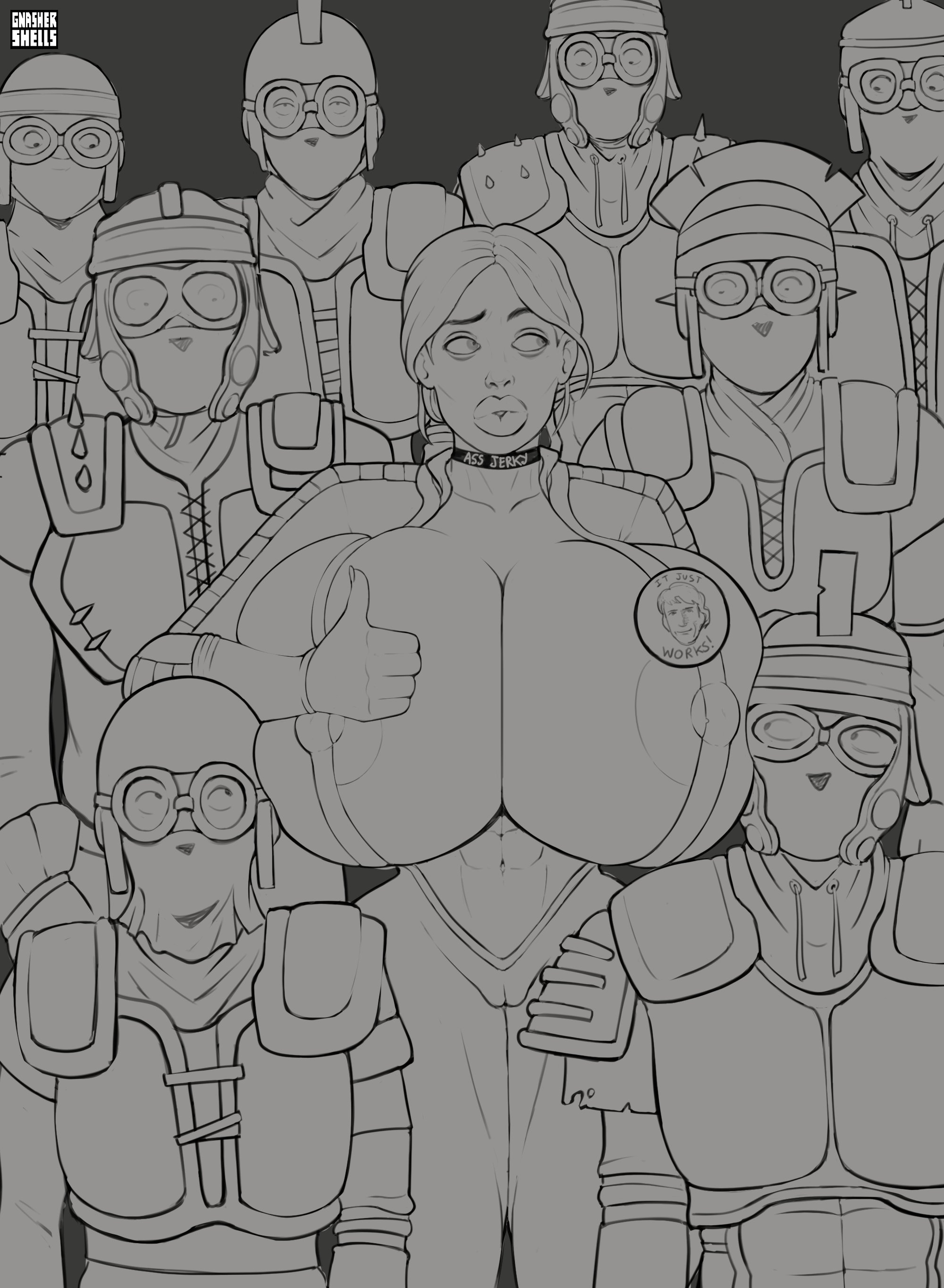1girls, 2d, areola slip, big lips, bimbo, bimbo lips, breasts, caesar's legion, cameltoe, fallout, fallout (series), fallout (tv series), female, gnashershells, huge breasts, lucy maclean, male, multiple males, nipples, todd howard, vault suit