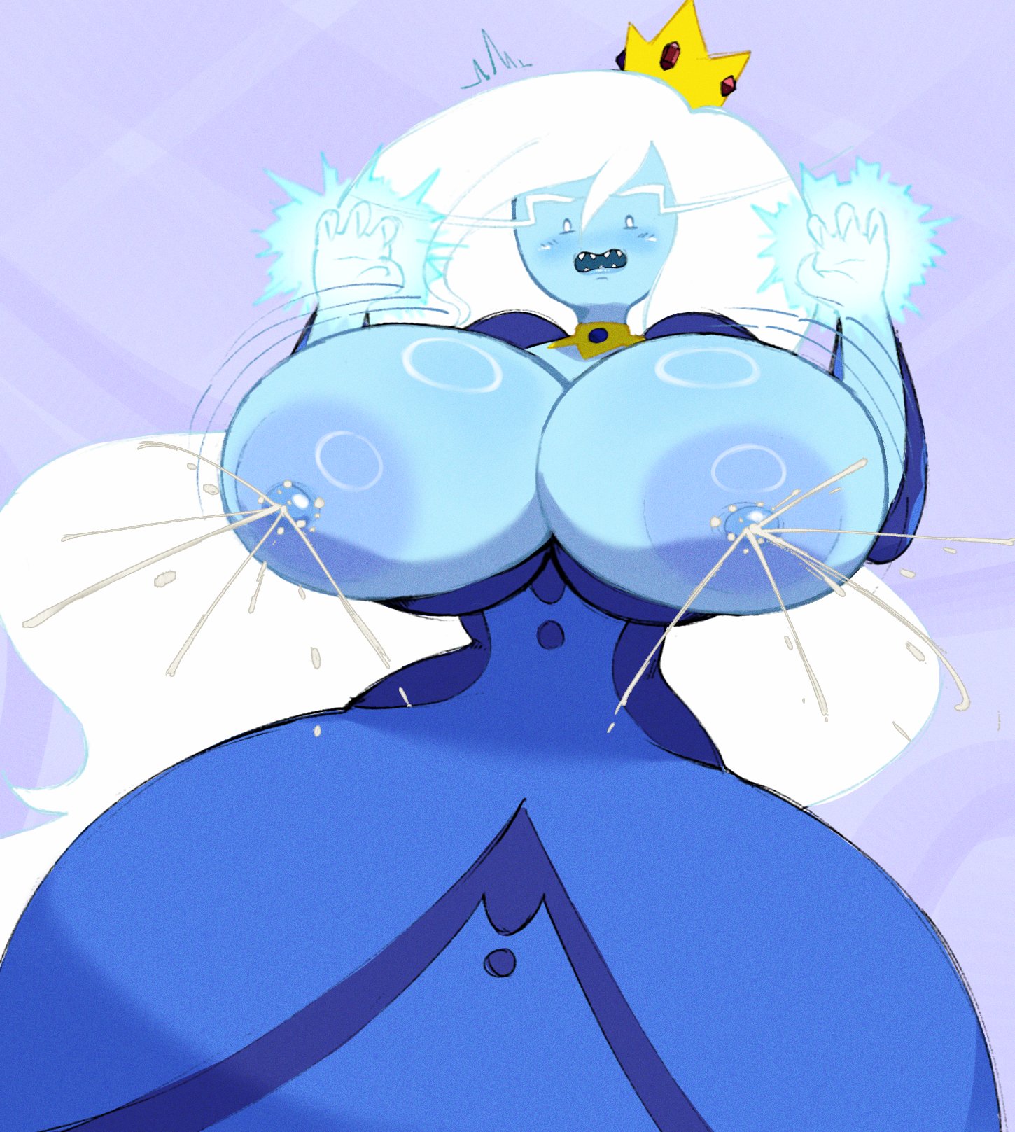 1girls, 2d, 2d (artwork), 2d artwork, adventure time, blue body, blue skin, blush, breasts, breasts out, cartoon network, cleavage, crossover, crown, female, female focus, female only, grimy291, huge breasts, ice queen (adventure time), lactation, looking down, nipples, projectile lactation, solo, solo female, white hair