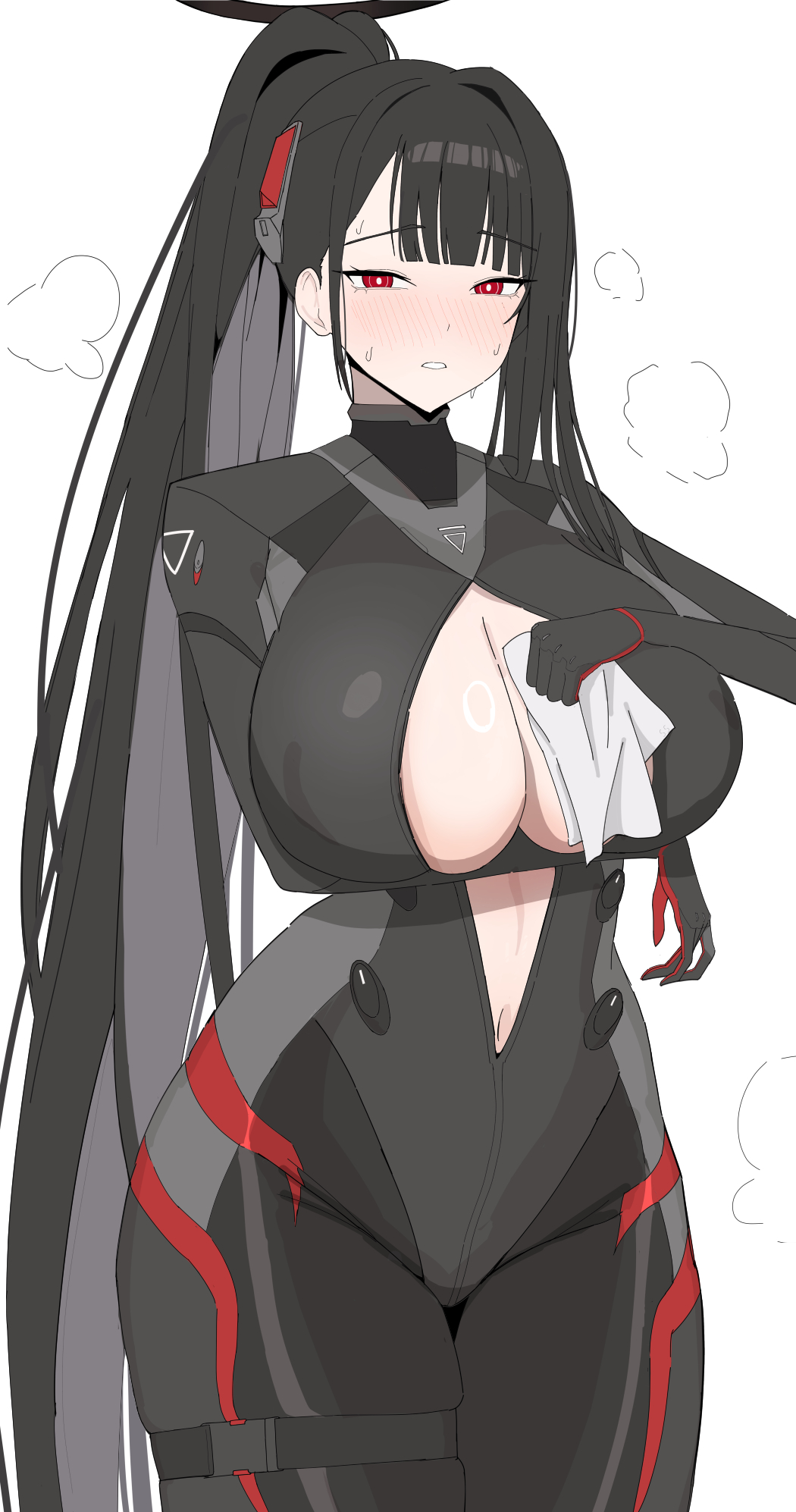 1girl, black hair, blue archive, blunt bangs, blush, bodysuit, breasts, cleavage, commentary, female, female only, furon00, halo, headgear, highres, holding, holding towel, large breasts, long hair, looking at viewer, navel, parted lips, ponytail, red eyes, rio (armed) (blue archive), rio (blue archive), simple background, solo, sweat, towel, very long hair, white background