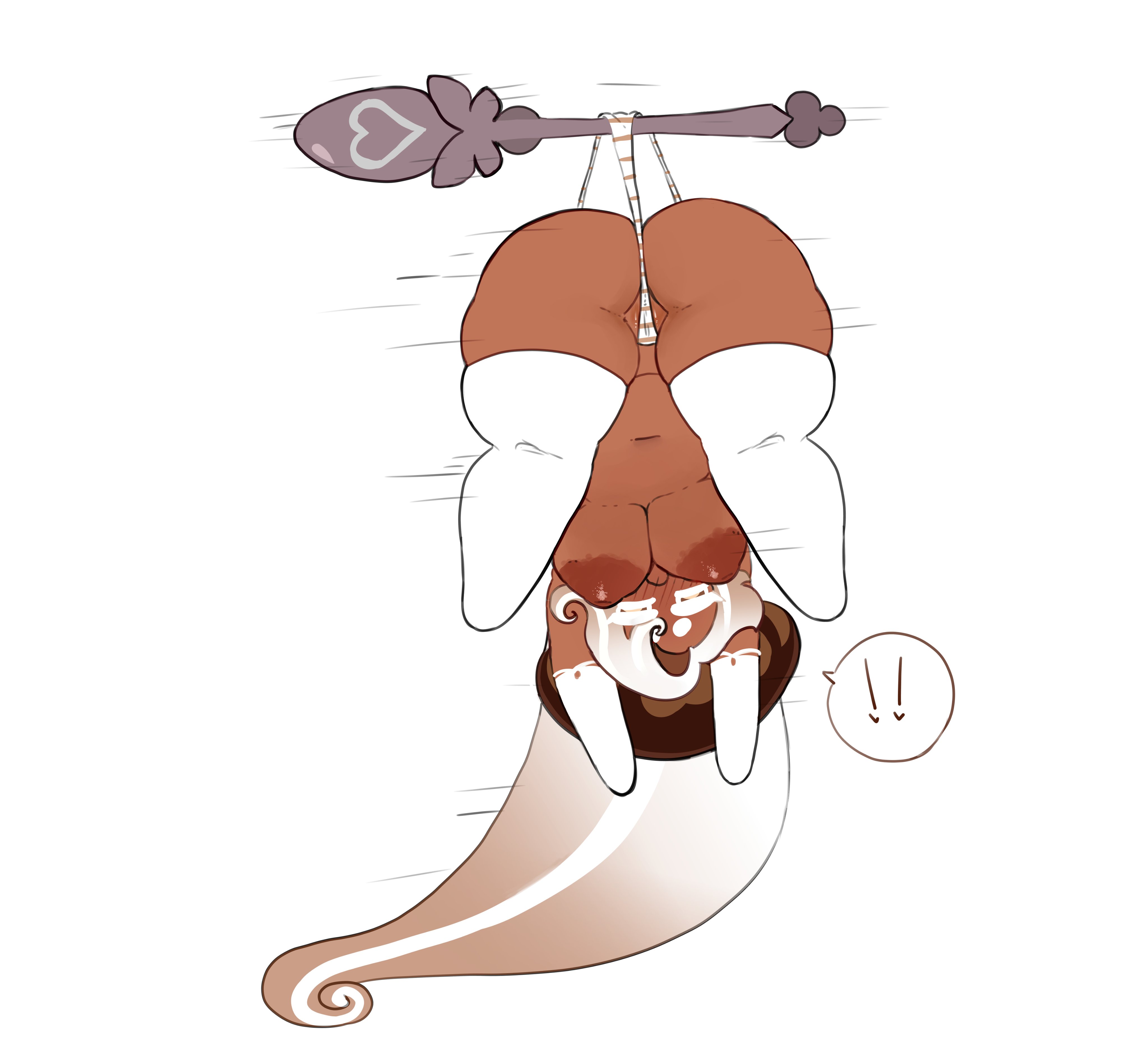 !, 1girls, almost naked, armwear, ass, breasts, clothes stuck on object, commission, cookie run, cookie run kingdom, dark-skinned female, embarrassed, female only, flustered, hat, latte cookie (cookie run), magpiered, magpieredd, panties, pussy, speech bubble, speed lines, staff, stockings, striped panties, witch hat
