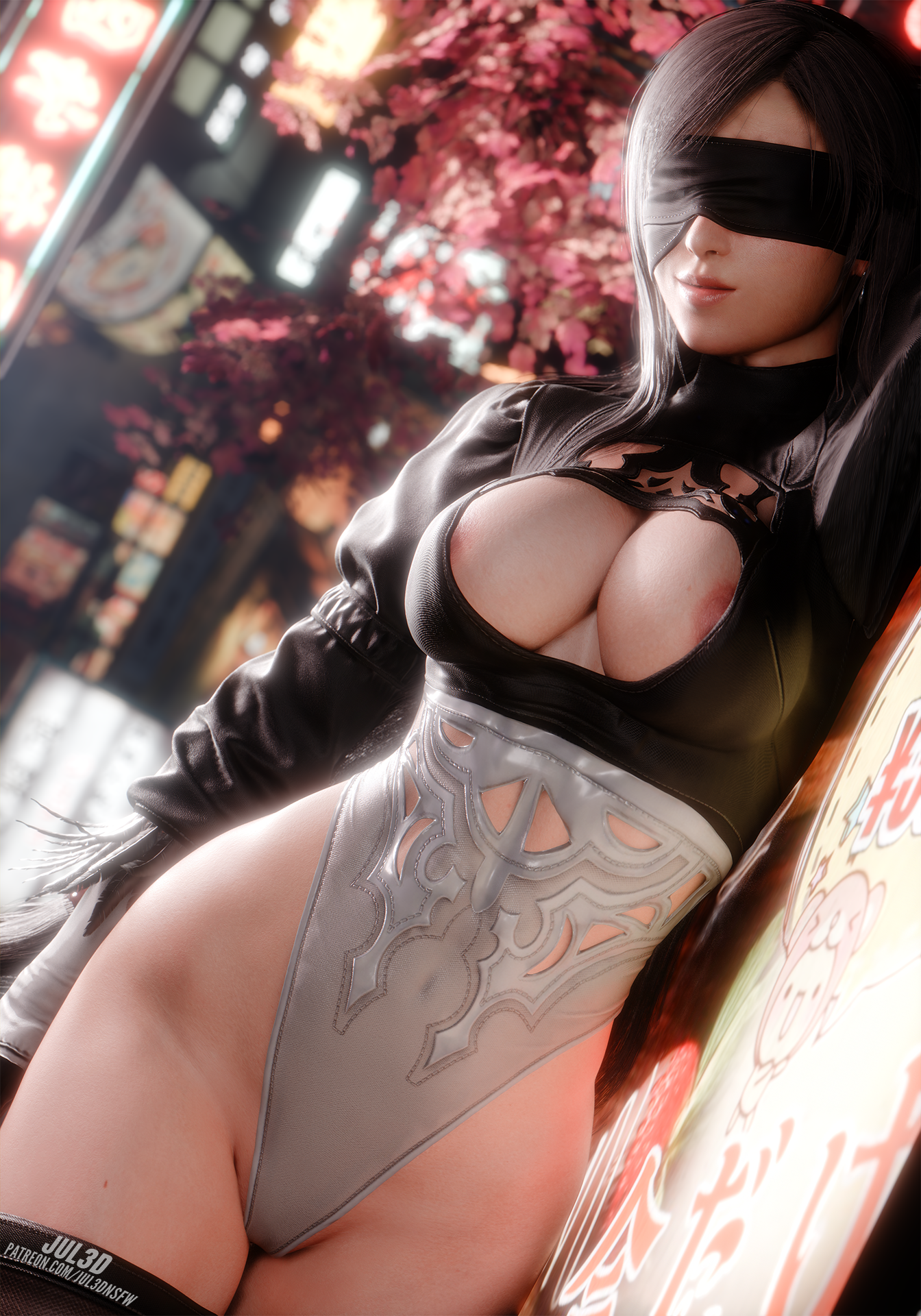 2b (nier:automata), big breasts, black hair, blender, breasts, cosplay, crossover, female, female only, final fantasy, final fantasy vii, girls, hi res, highres, jul3d, jul3dnsfw, large breasts, long hair, makeup, nail polish, night, solo, tifa lockhart