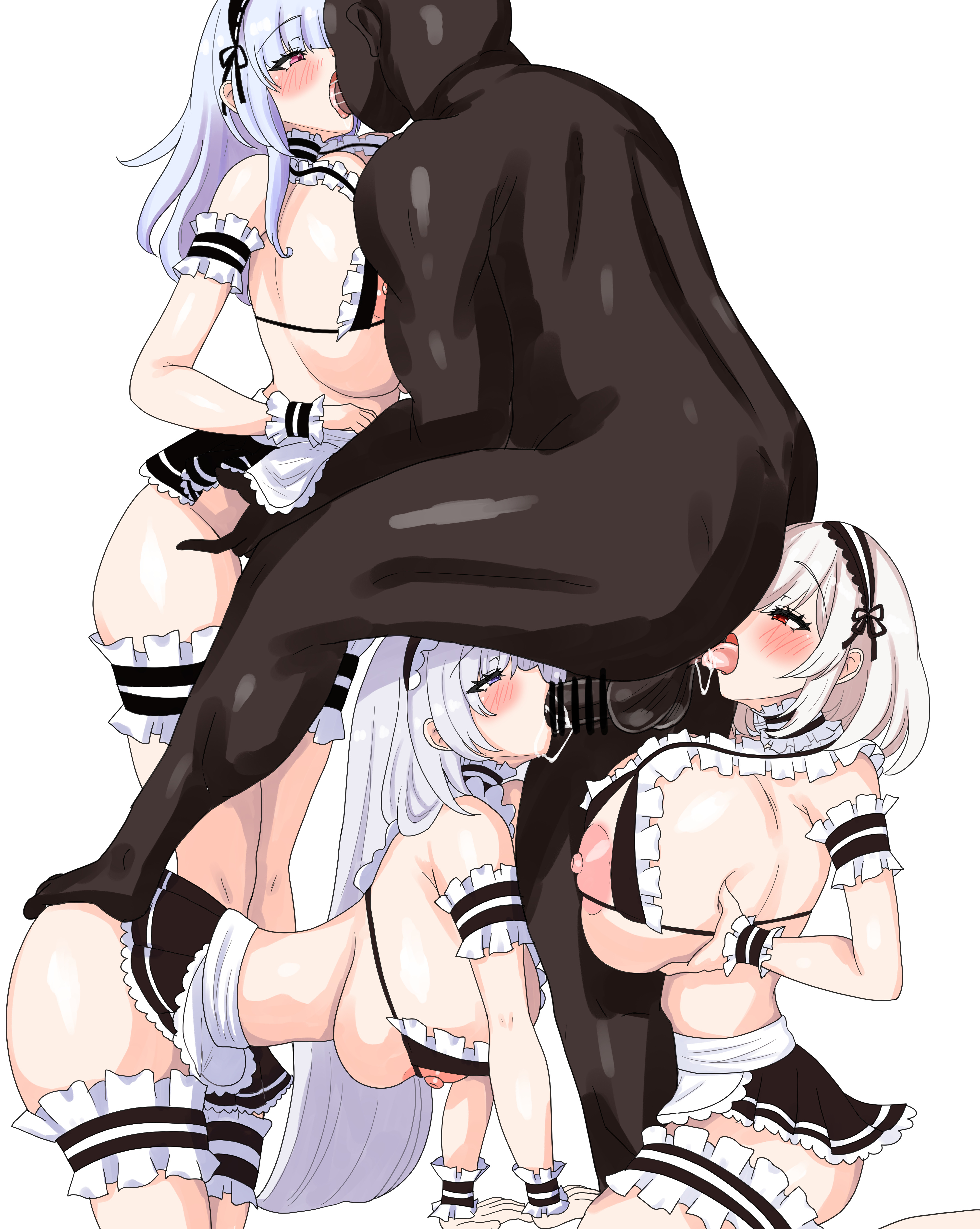 1boy, 3girls, areola, azur lane, bar censor, belfast (azur lane), blowjob, blue plate special, blush, breasts, censored, dark skin, dark-skinned male, dido (azur lane), fellatio, fffm foursome, foursome, french kiss, headdress, huge breasts, kissing, licking ass, light skin, light-skinned female, maid, nipple, oral, penis, pillke (pillke50), rimjob, rimming, royal navy (azur lane), simple background, sirius (azur lane), white background