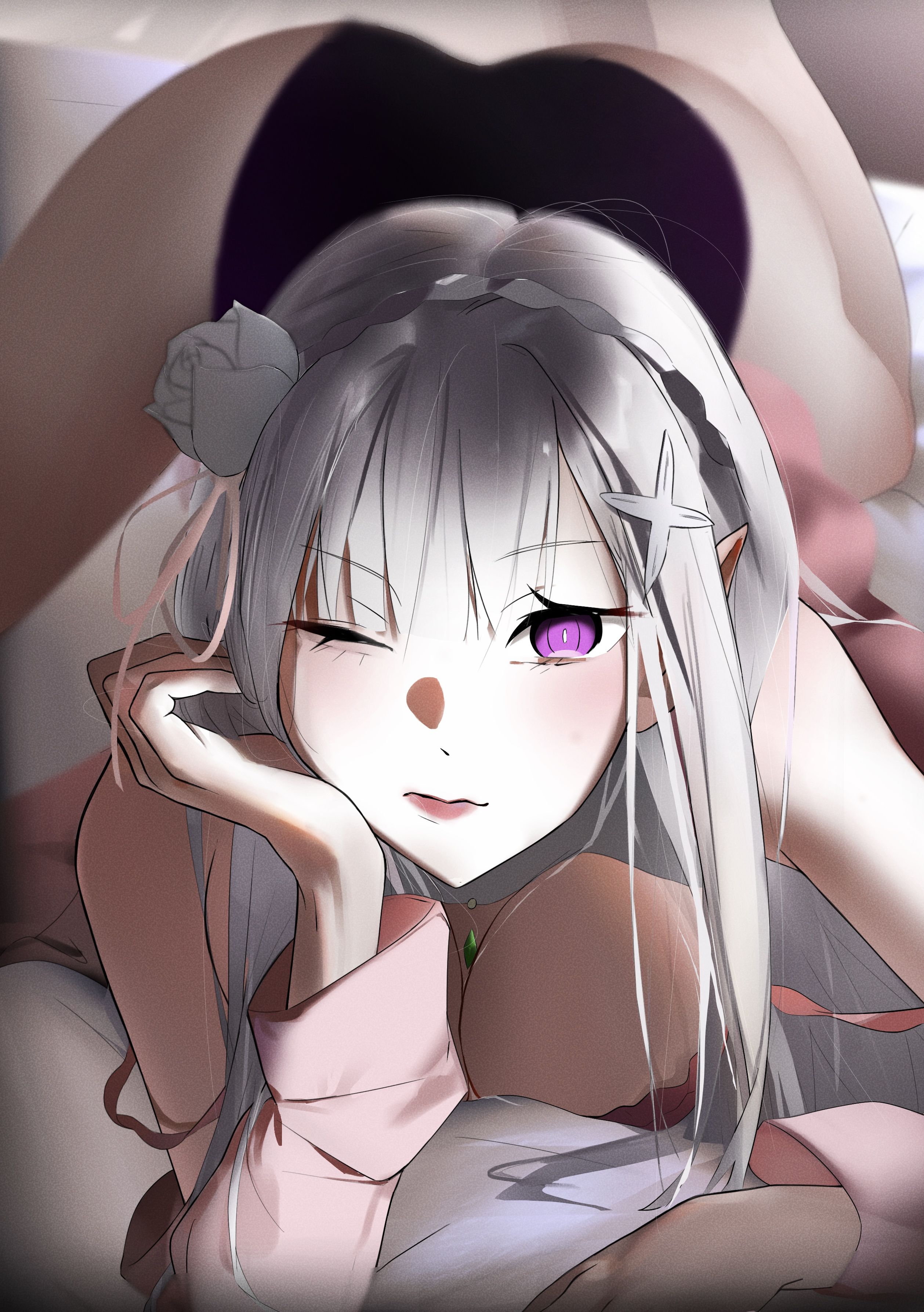 1girls, 2d, 2d (artwork), 2d artwork, adult, adult female, anime, anime character, arm support, ass, big boobs, big breasts, blue pupils, braid, braided hair, braids, breasts, busty, busty female, busty girl, calves, cleavage, digital, digital art, digital drawing, digital drawing (artwork), digital media, digital media (artwork), drawing, elf, elf ear, elf ears, elf female, elf girl, emilia (re:zero), eye closed, eyebrows visible through hair, fanart, female, female focus, female only, female protagonist, fingers, flower, flower hair ornament, flower in hair, flower on head, hair ornament, half elf, half up braid, hi res, high res, high resolution, highres, knees, large boobs, large breasts, lean figure, legs, lips, lipstick, long hair, looking at viewer, lying, lying down, lying on bed, lying on breasts, lying on stomach, manga character, mature, mature female, mature woman, narrow waist, on bed, on breasts, on stomach, one eye closed, one eye open, one-eye closed, pink lips, pink lipstick, pointy ears, portrait, purple eyes, purple-eyed female, re:zero kara hajimeru isekai seikatsu, resting arm, shiraesu, shoulders, silver hair, silver hair female, silver-haired female, slender body, slender waist, slim female, slim waist, solo, thighs, tied hair, white fox (studio), wide hips, woman
