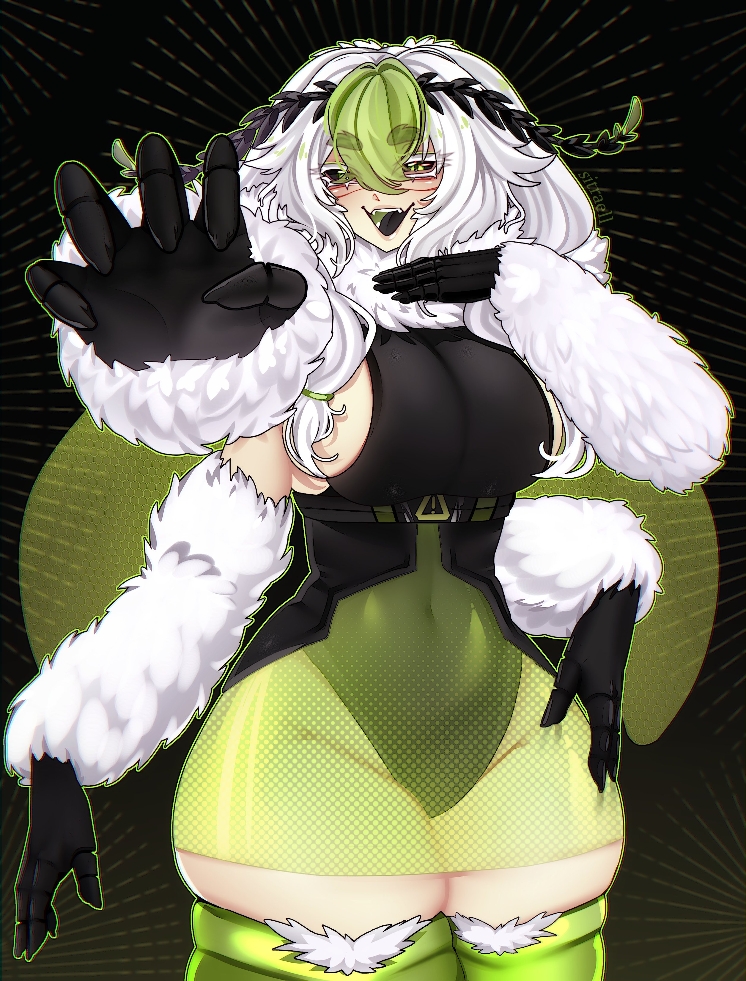 1girl, 1girls, 4 arms, absurdres, antennae, arthropod girl, black leotard, black sclera, breasts, breedable hips, child bearing hips, colored sclera, colored skin, curvy, extra arms, female, four arms, green eyes, green hair, hair between eyes, highres, hip focus, hips, indie virtual youtuber, insect girl, insect wings, juniper actias, juniper actias (space invader), large breasts, leotard, long hair, looking at viewer, monster girl, moth antennae, moth girl, moth wings, neck fur, open mouth, reaching, see-through clothes, see-through skirt, sideboob, sitraell, skirt, solo, thick, thick ass, thick thighs, thigh focus, thighs, tits, twintails, virtual youtuber, vtuber, white fur, white hair, white skin, wide hips, wings