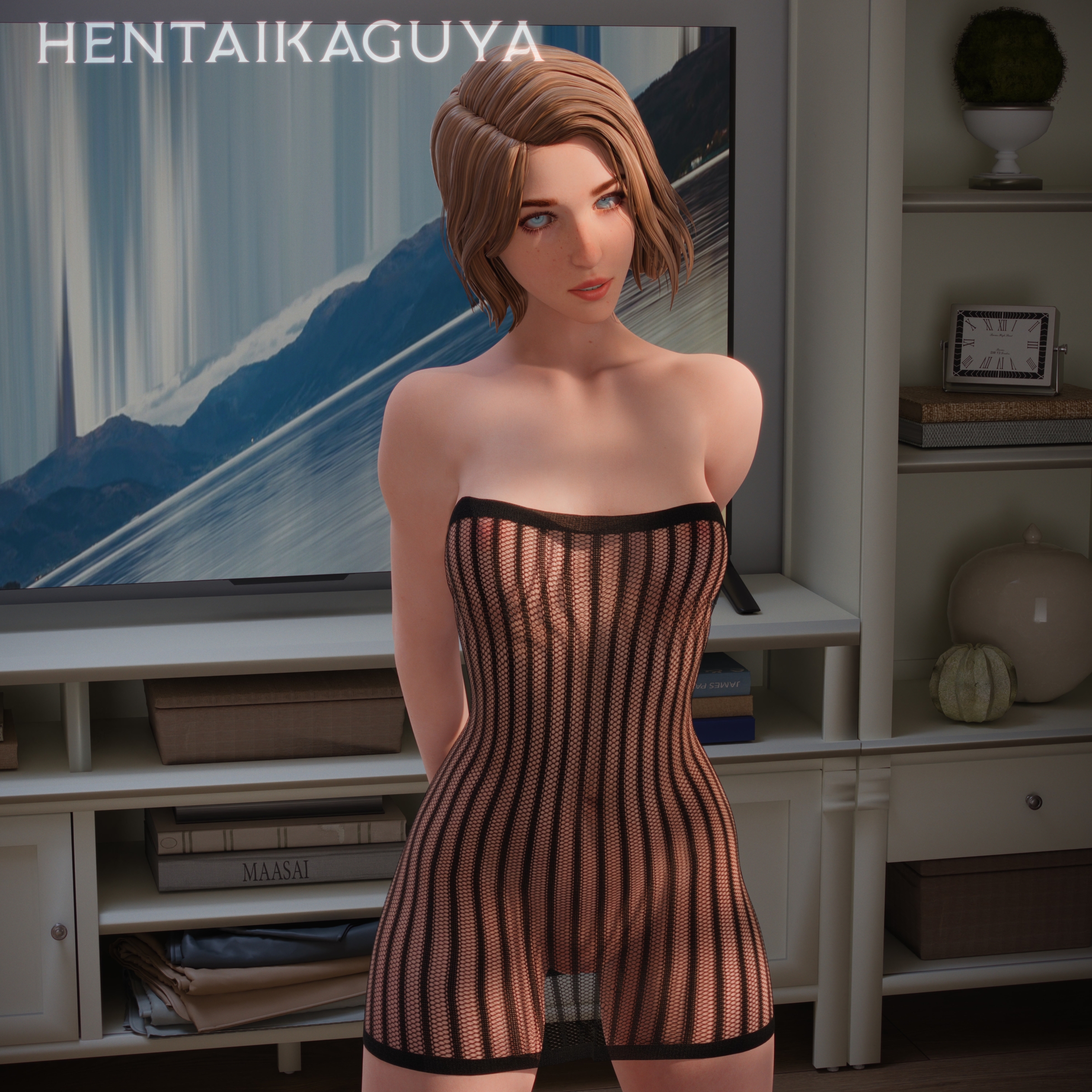 1girls, 2026, 3d, areolae, areolae visible through clothing, blue eyes, breasts, breasts visible through clothing, brown eyes, brown hair, clitoral hood, clitoris, dress, female, female only, hentaikaguya, image set, indoors, labia, labia majora, legs apart, life is strange, life is strange: double exposure, lipstick, looking at viewer, mascara, max caulfield, max caulfield (double exposure), maxine caulfield, medium breasts, medium hair, navel, nipples, nipples visible through clothing, pussy, pussy visible through clothes, see-through, see-through dress, short dress, skimpy dress, solo, standing, thighs, tube dress