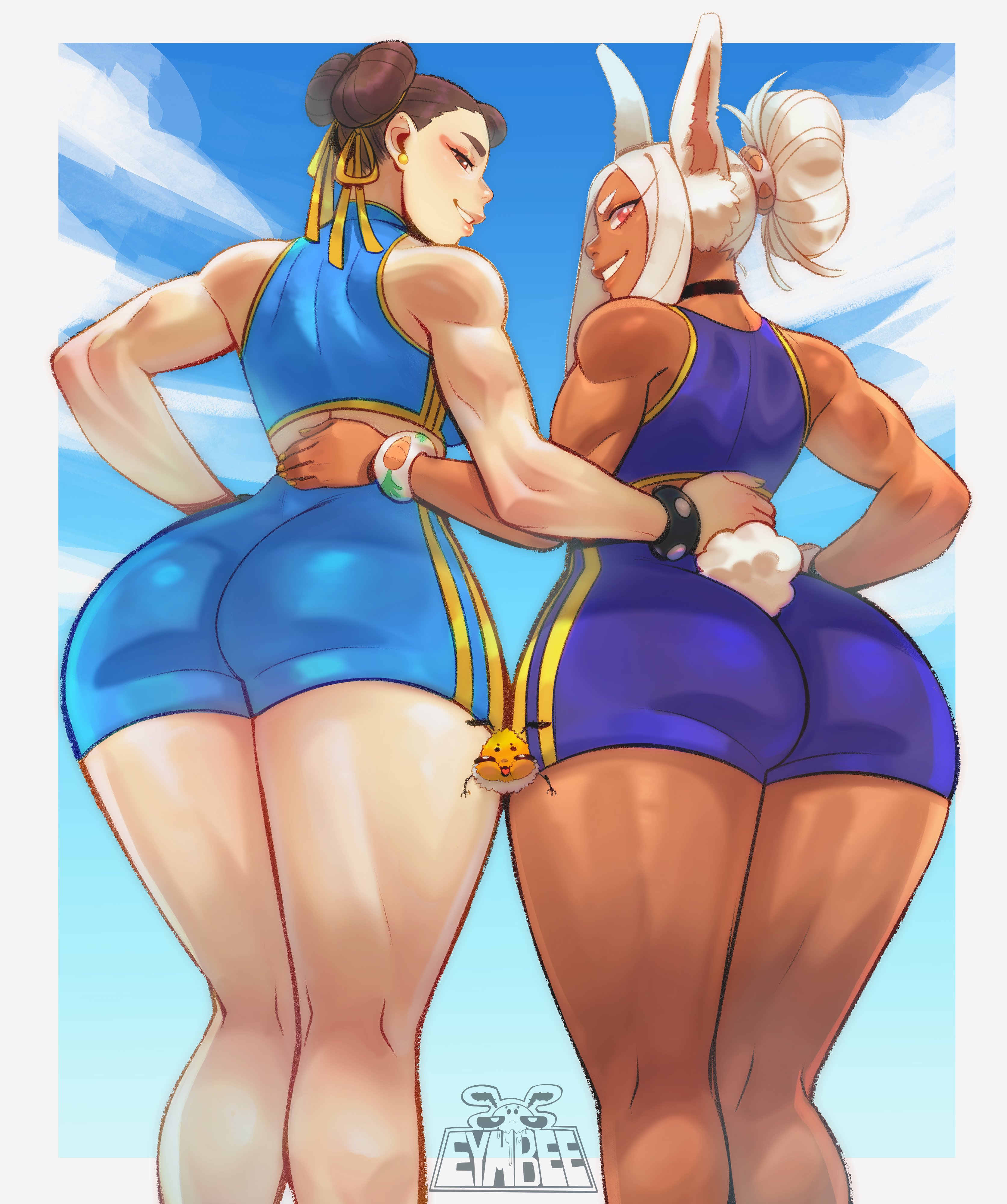2girls, ass, back view, big ass, boku no hero academia, brown hair, chun-li, clothed, clothed female nude male, crossover, dark skin, dark-skinned female, eymbee, female, female only, light skin, light-skinned female, looking at viewer, looking back, miruko, my hero academia, rabbit ears, rabbit girl, rabbit tail, rumi usagiyama, street fighter, thighs, white hair
