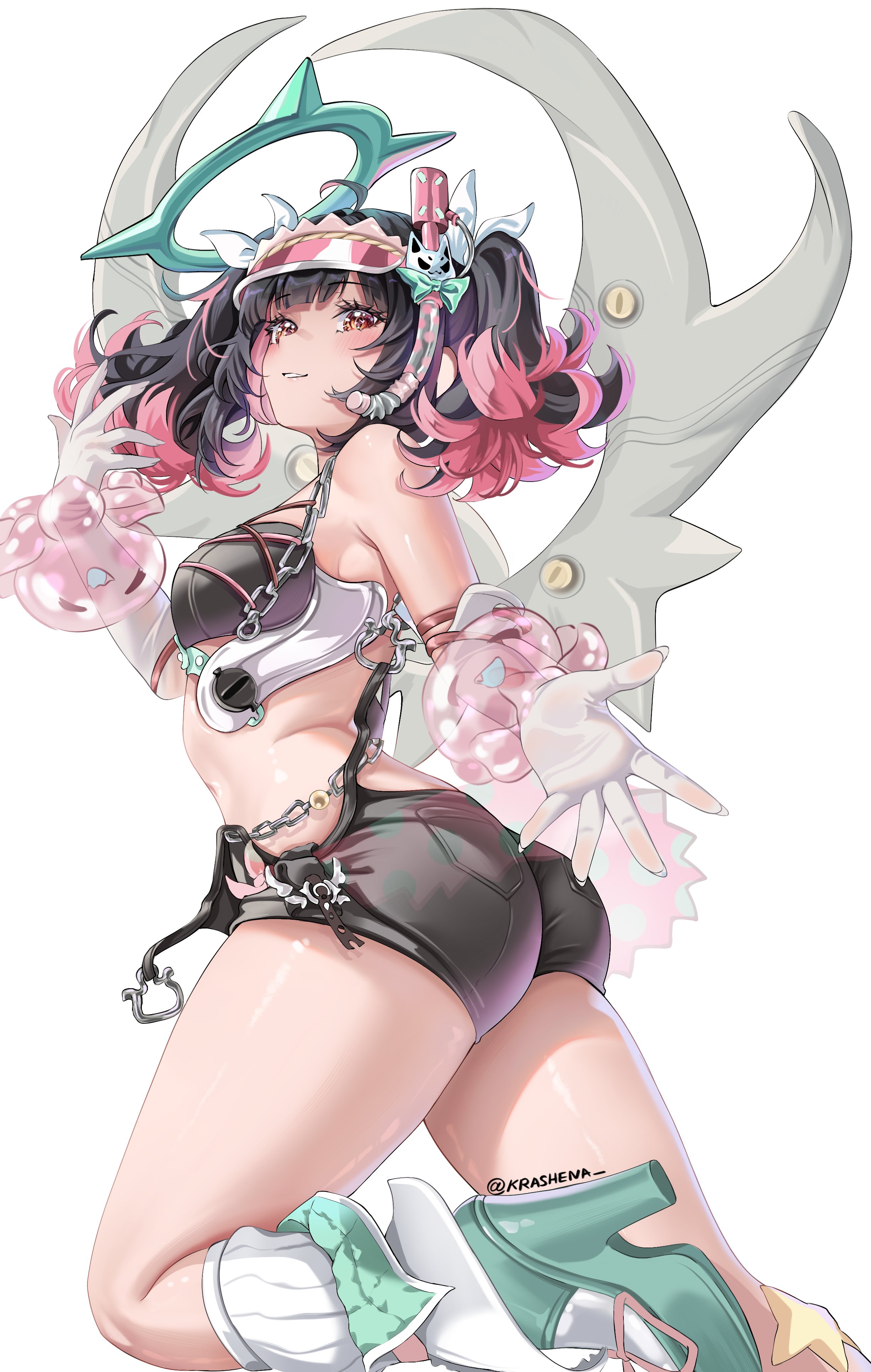 1girls, angels of delusion, ass, big ass, big butt, breasts, female, female focus, female only, krashena, light skin, light-skinned female, long nails, looking at viewer, nangong yu (zenless zone zero), solo, swimsuit, thick thighs, thighs, white background, wide hips, zenless zone zero