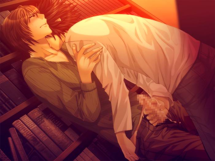 black_hair blush brown_hair censored cum death_note handjob l_lawliet library light_yagami male open_fly penis unzipped yaoi