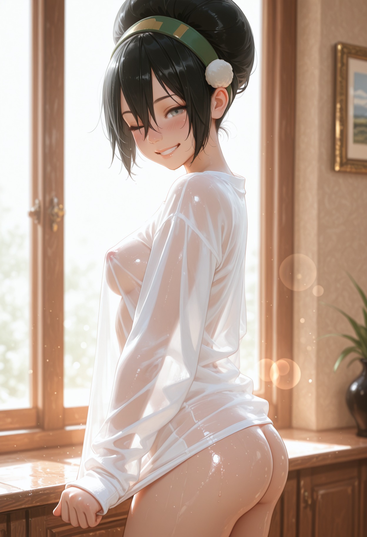 1girl, ai generated, ass, avatar the last airbender, backlighting, bangs, black hair, blurry, blush, bottomless, breasts, covered nipples, cowboy shot, day, from side, grin, hair between eyes, hair bun, hairband, indoors, kermixx, lens flare, long sleeves, looking at viewer, looking to the side, medium breasts, naked shirt, nipples, no bra, one eye closed, see-through, see-through silhouette, shiny, shiny skin, shirt, short hair, sidelocks, single hair bun, smile, solo, standing, toph bei fong, water drop, wet, wet clothes, wet shirt, white shirt, window