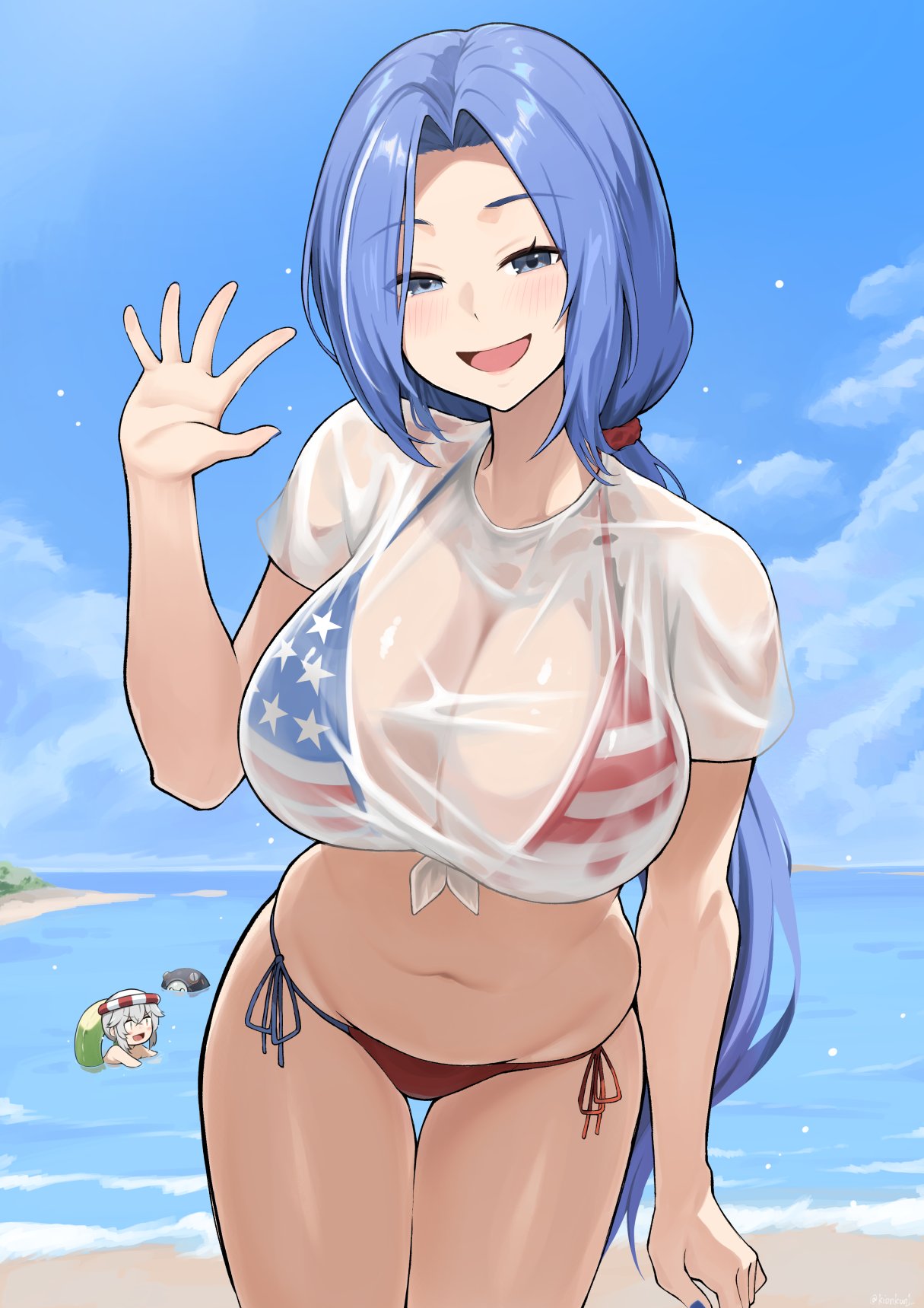 2girls, american flag, american flag bikini, american flag print, bathing, bikini, blue eyes, blue hair, blue nails, blush, breasts, cleavage, cloud, commentary, day, dot nose, dp-12 (girls' frontline), dushevnaya (girls' frontline 2), english commentary, female, female only, fingernails, flag print, flag print bikini, fourth of july, girls' frontline, girls' frontline 2: exilium, goliath (girls' frontline), helen (girls' frontline 2), highres, kion-kun, ksvk (girls' frontline), light blush, multiple girls, nail polish, ocean, outdoors, print bikini, sangvis ferri, see-through cleavage, see-through clothes, see-through shirt, shirt, sky, smile, solo focus, stomach, string bikini, swimsuit, thighs