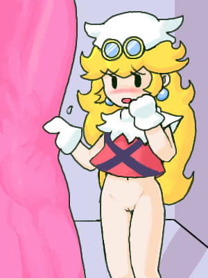 alternate_costume blonde_hair blush bottomless canonical_scene earrings embarrassed female gloves human lowres mario_(series) mask mob_face nervous nintendo paper_mario paper_mario:_the_thousand-year_door paper_peach penan princess_peach pussy shadow simple_face straight_hair uncensored x-naut