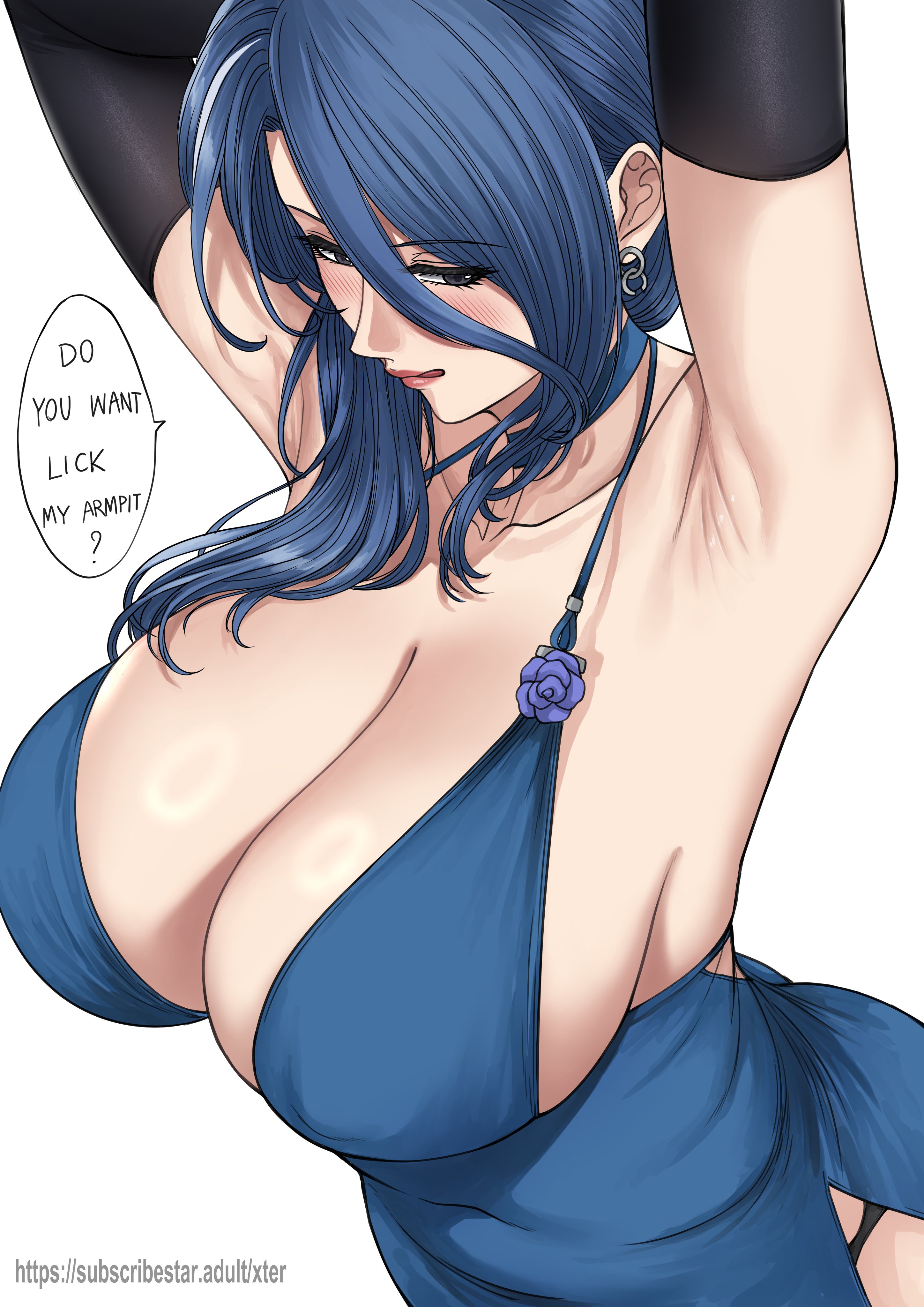 1girl, absurdres, armpits, black gloves, blue dress, blue eyes, blue hair, blush, breasts, cleavage, collarbone, commentary, dp-12 (girls' frontline), dress, earrings, elbow gloves, female, female only, girls' frontline, girls' frontline 2: exilium, gloves, helen (girls' frontline 2), helen (starlit waltz) (girls' frontline 2), highres, jewelry, large breasts, long hair, looking at viewer, presenting own armpit, smile, solo, tongue, tongue out, untranslatable commentary, xter, xtermination