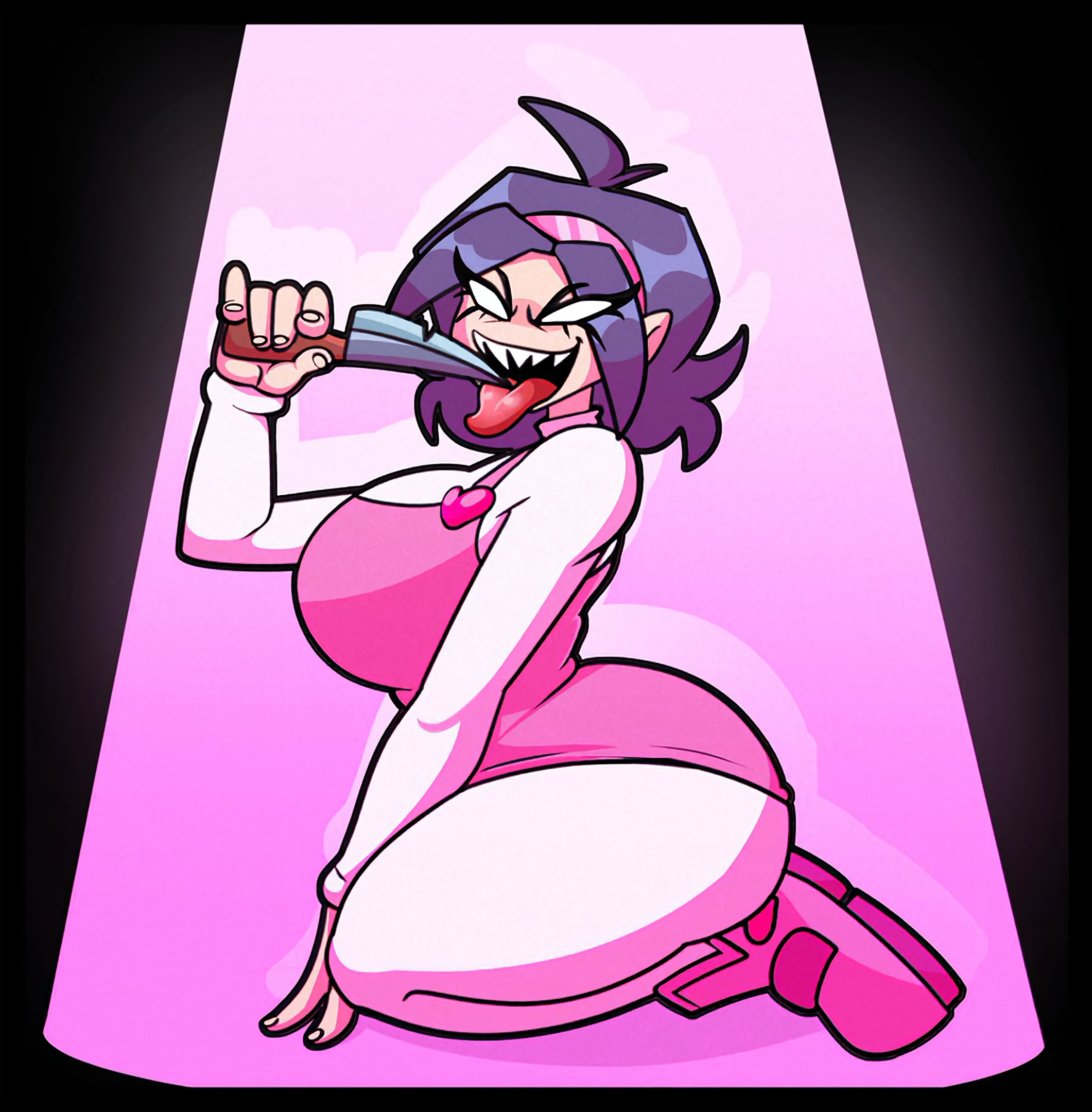 big ass, big breasts, black hair, captain dagon, clothed, color, diadem, female only, friday night funkin, hi res, kneeling, knife, long tongue, looking at viewer, nene (newgrounds), newgrounds, pink clothing, sfw, sharp teeth, shoes, short hair, thick thighs, voluptuous, white eyes, wide hips