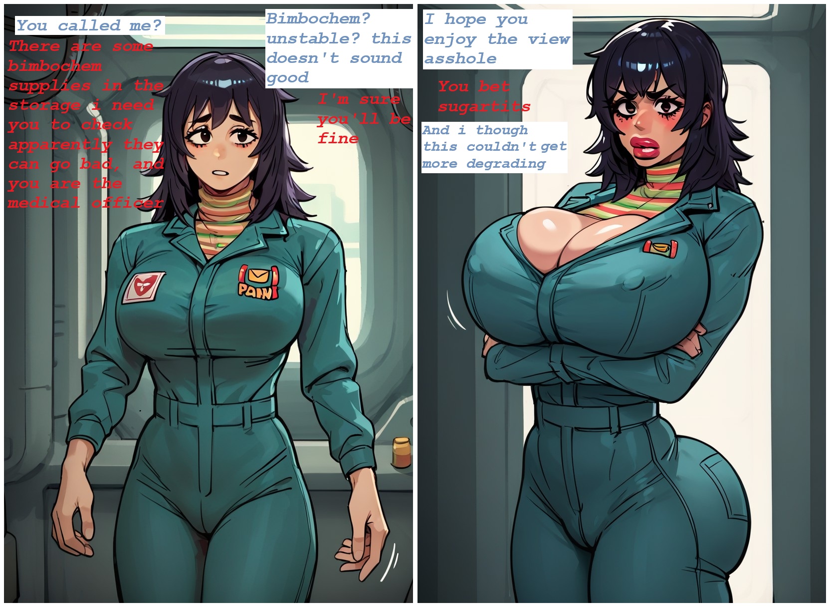 ai, ai assisted, ai generated, angry, annoyed, annoyed expression, anya (mouthwashing), ass expansion, before and after, bimbo, bimbo body, bimbo breasts, bimbo lips, bimbo transformation, bimbofication, bimbofied, blush, blushing, breast bigger than head, breast expansion, dialogue, embarrassed, female focus, fully clothed, hourglass expansion, hourglass figure, huge ass, huge breasts, huge lips, large ass, large breasts, lip expansion, long hair, mouthwashing, pink lips, pink lipstick, sequence, solo focus, thick hips, thick legs, thick thighs, tiny waist, tits bigger than head, transformation, transformation sequence, unwilling expansion, unwilling transformation